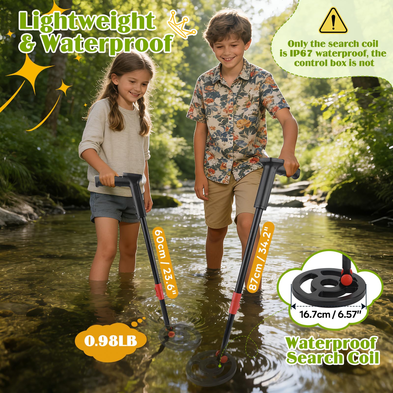 Détecteur de métaux pour enfants avec écran LCD - Rechargeable USB-C et bobine de recherche étanche - Kit de détecteur pour enfants avec pelle et sac - Idéal pour la chasse au trésor, la plage, le