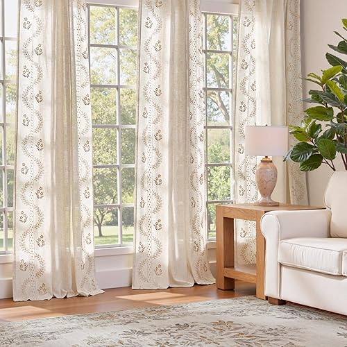 Miniatura 3 de jinchan Belrose Linen Curtains for Bedroom Floral Curtains 84 Inch Length Linen Blend Beige Embroidered Drapes Farmhouse Flower Patterned Drapes for