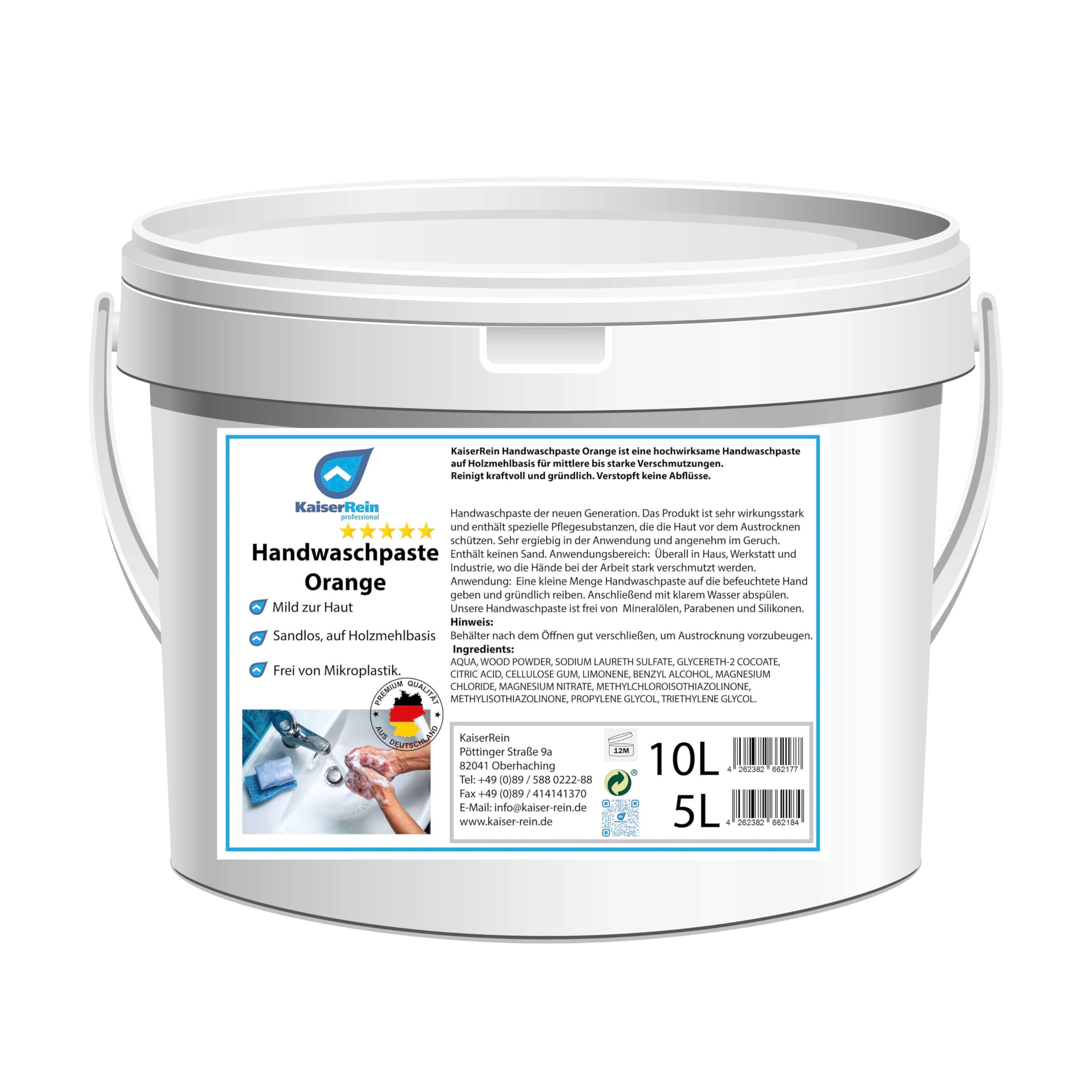 KaiserRein Handwaschpaste Orange 10 L Eimer Werkstatt, Hobby, fett und Öl lösende Handwaschpaste Hand-Reiniger Händereiniger gegen Verschmutzungen durch Fett, Öl und Schmutz Sandfrei