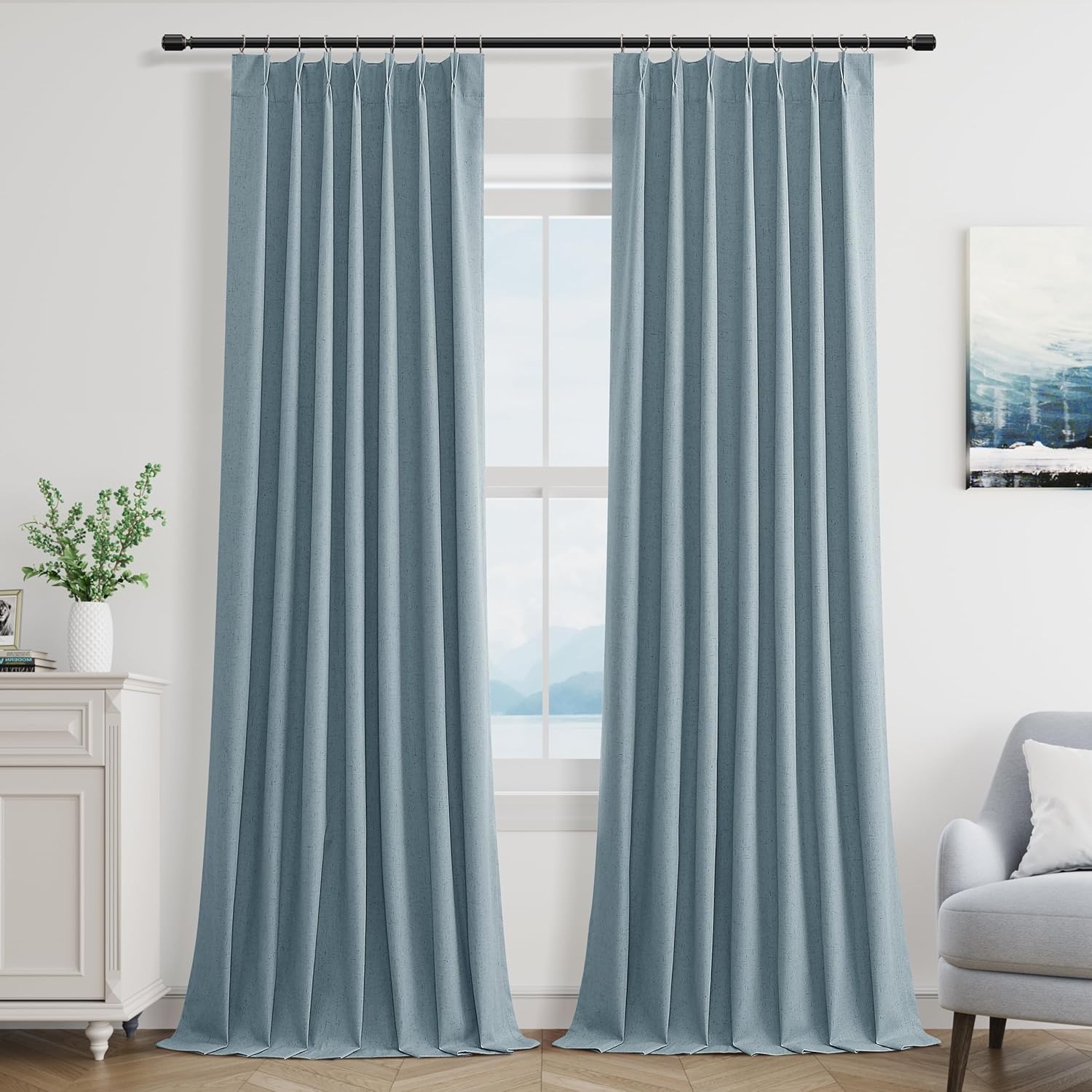blue pinch pleated linen blackout curtains 100 inches long for living room 2 panel set 100% black out pinch pleat hooks rings back tab drapes 100 inch curtain with liner bedroom window blue 40"w x 100"l (pack of 2)