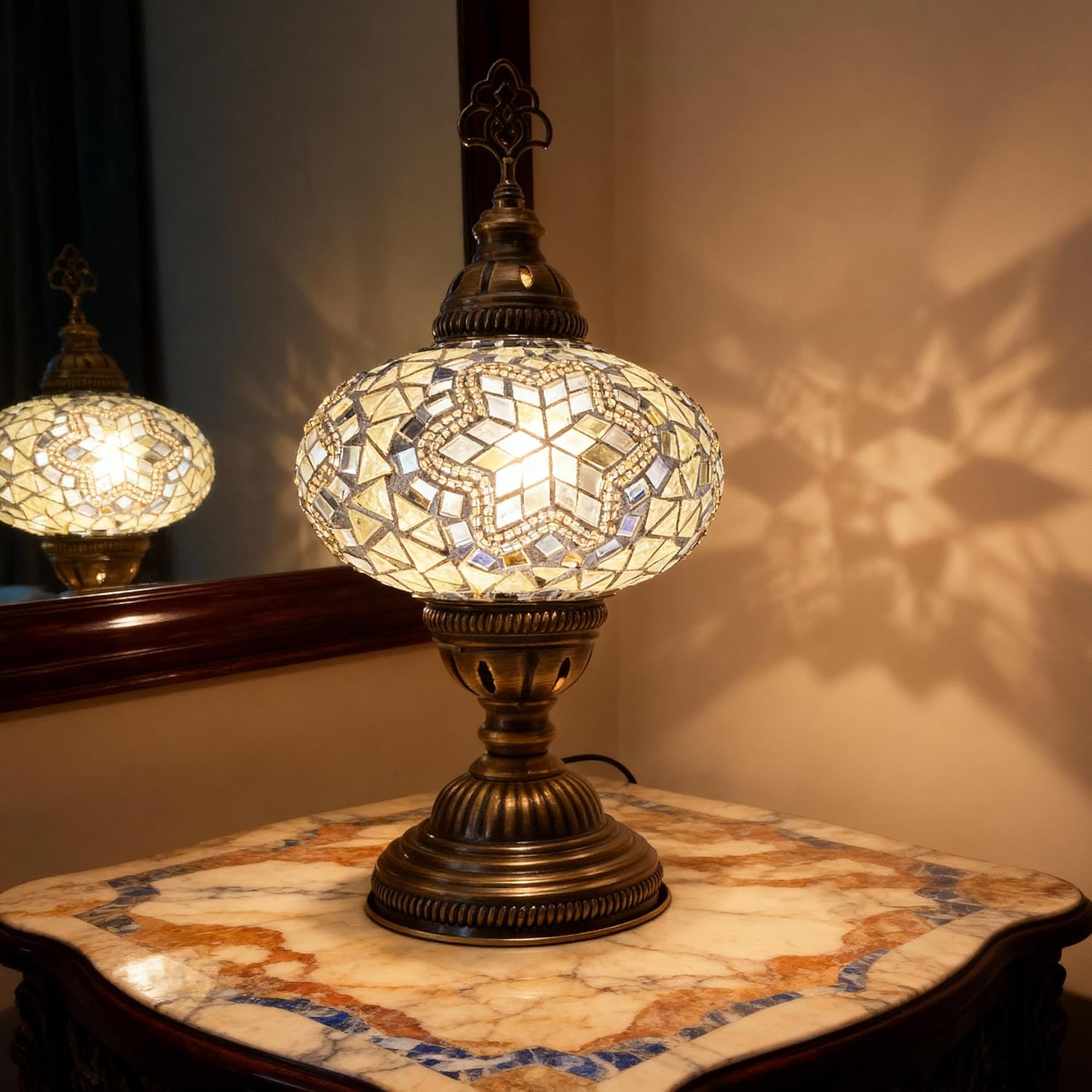 Mozaist Turkish Mosaic Table Lamp with Bulb – Black & White Handmade Stained Glass Lamp, Moroccan-Style Vintage Bedroom & Living Room Decor with US Plug