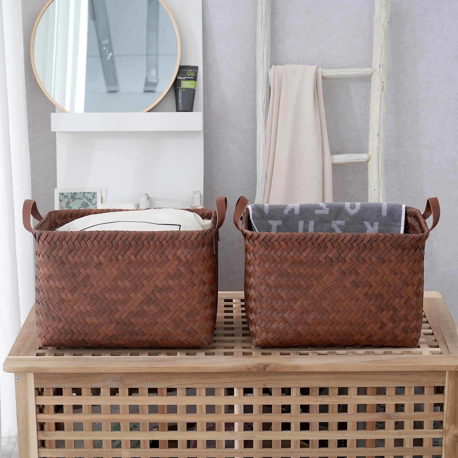 4-Pack Brown Wicker Storage Baskets , 15x10.5x9.5 inch Laundry & Organizer Bins, Woven Hamper for Shelves, Blankets, Towels, Home Decor