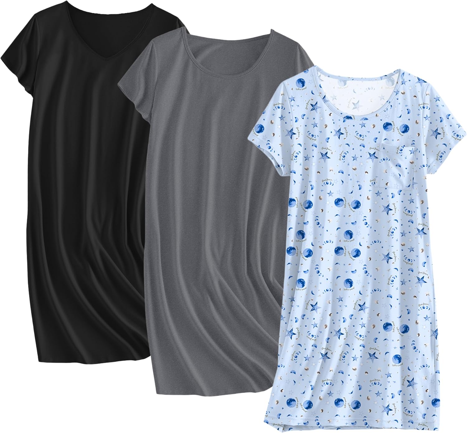 Ekouaer Cotton Nightgowns for Women 3 Pack Sleepshirts Short Sleeve Night Shirt Tshirt Night Gown Soft Sleepwear Print Sleep Dress Dark Grey/Black/Moon Star XXX-Large