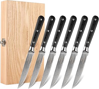 Damascus Serrated Steak Knife Set of 6 with Case, 5 Inch Serrated Steak Knife, 67 Layers Steel Blades Hand-sharpened to 15, Non-slip G10 Ergonomic Triple Rivet Handle for Gift, Natural Wooden Box