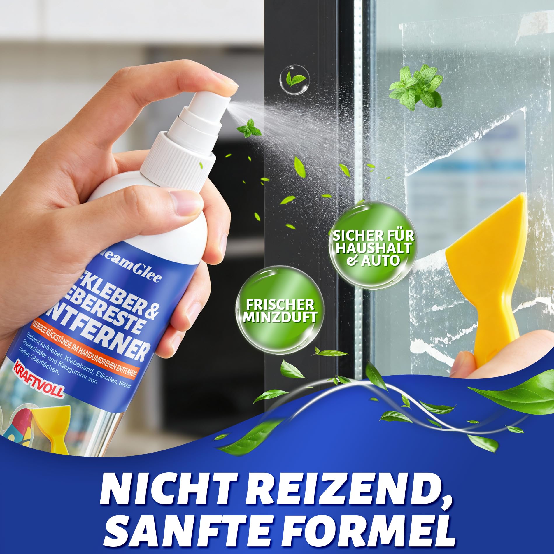 Klebstoffentferner Spray 150 ml – Profi Klebereste & Etikettenentferner für Aufkleber, Silikon, Fett, Harz & Wachsrückstände – Geeignet für Glas, Metall, Kunststoff, Holz – mit Schaber