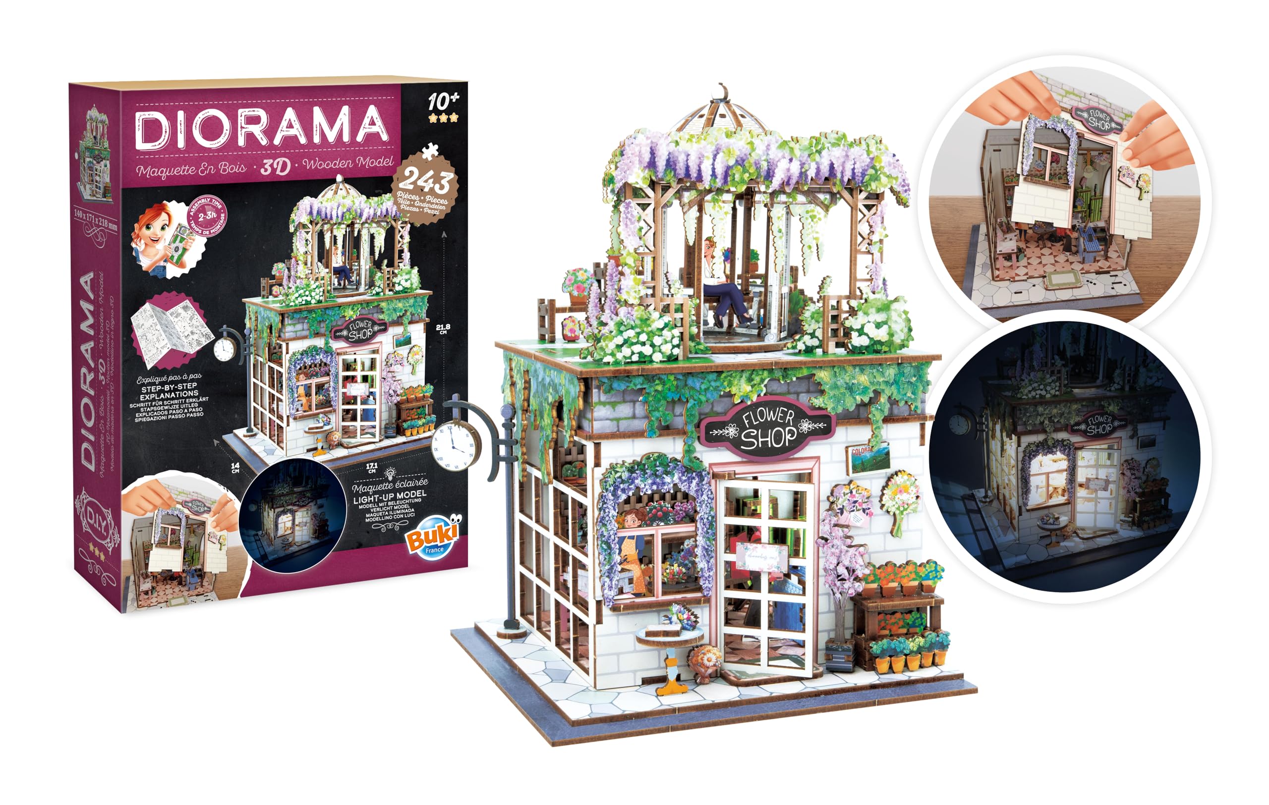 Diorama Fiorista - Modellino fioraio in miniatura in legno con LED - Diorama DIY 243 pezzi - Kit costruzione negozio di fiori - dai 10 anni - 14 x 17,1 x 21,8 cm - 68075 - BUKI France