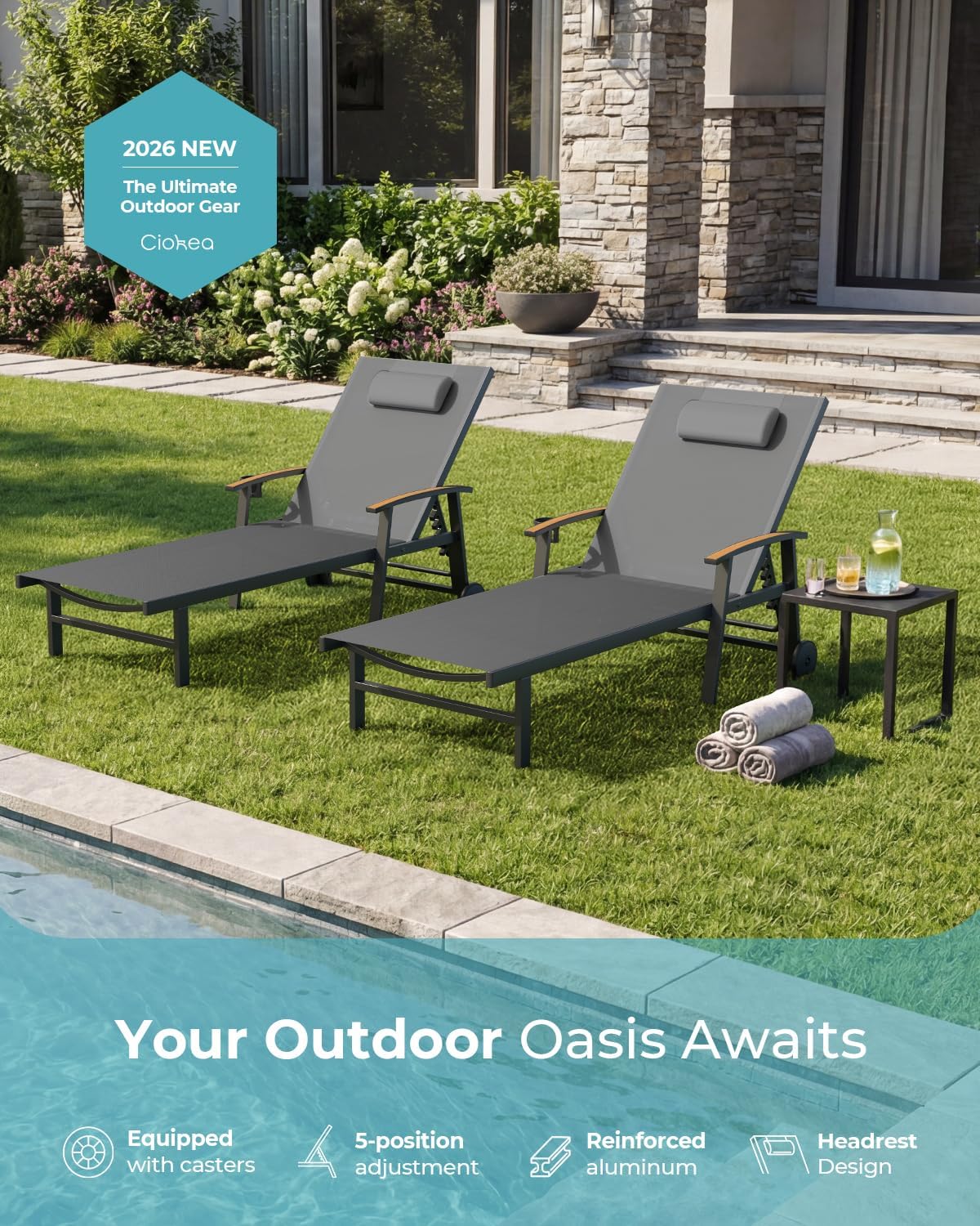 Ciokea Outdoor Lounge Chair with Pillow, 5-Position Aluminum Chaise Lounge with Wheels & Armrests, 400 lbs Heavy Duty Patio Pool Chair for Deck, Backyard, Beach & Poolside, Grey
