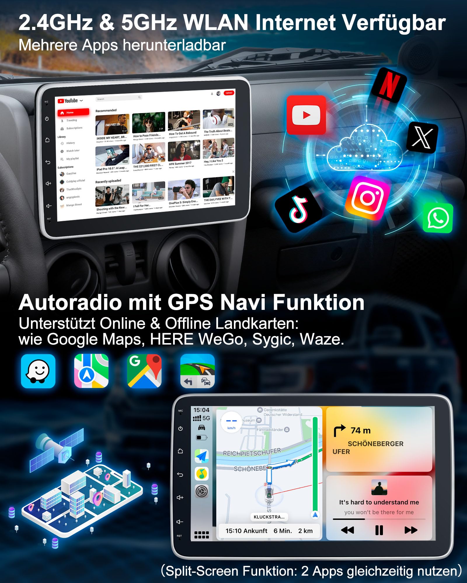 Autoradio mit Bildschirm Single DIN Auto Radio mit Navi Bluetooth Wireless CarPlay Android Auto DAB Plus Rückfahrkamera, 1DIN mit 10.1 Zoll drehbar Touchscreen Monitor, 2+64G Android 14