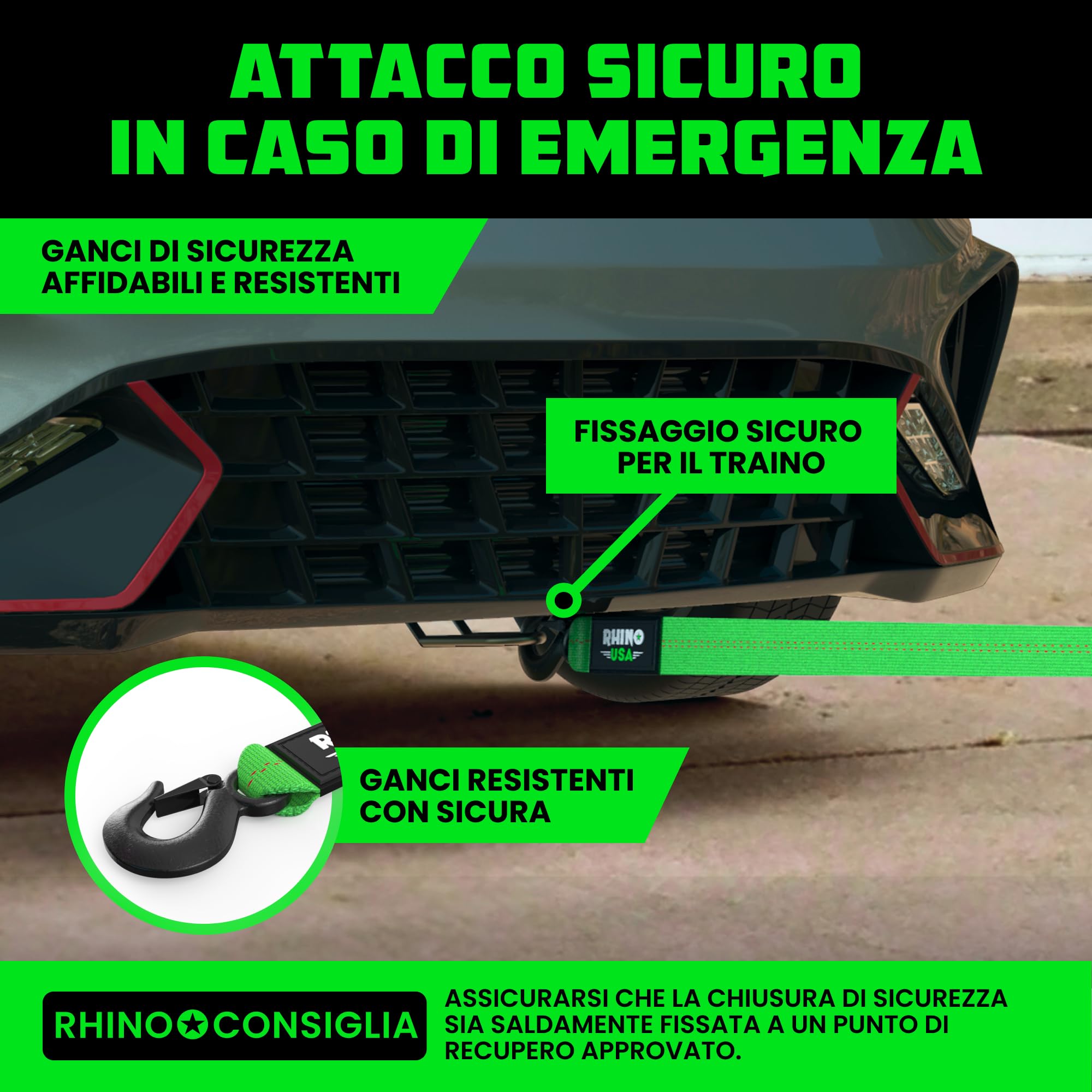 Rhino USA Cinghia di traino con gancio (5 cm x 6.1 m) Testata in laboratorio, resistenza alla rottura di 4500 kg (minimo) - Cinghie di traino di emergenza per carichi pesanti con ganci