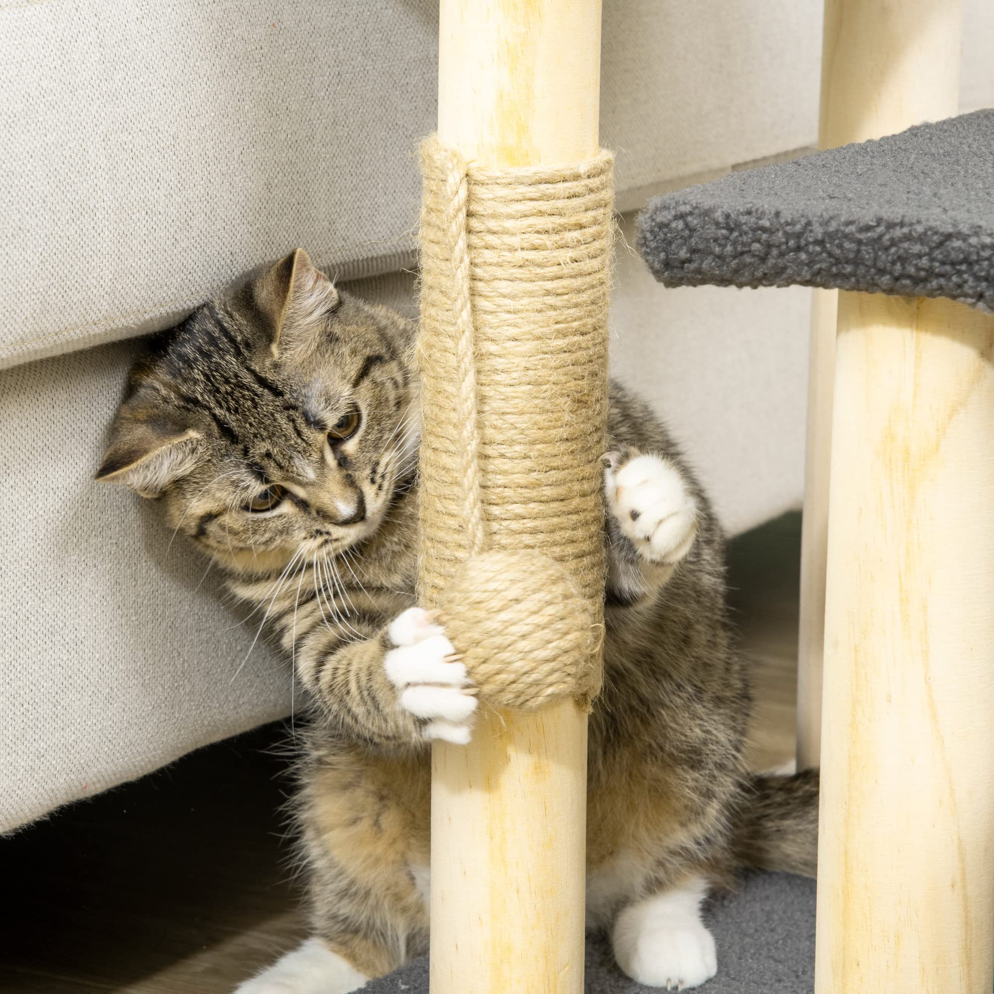 PawHut Katzentreppe 3-stufige Tiertreppe, 48 cm Haustiertreppe mit Sisalsäule, Hundetreppe mit Spielball, Einstieghilfe für hohe Betten, Kiefernholz, Grau+Natur