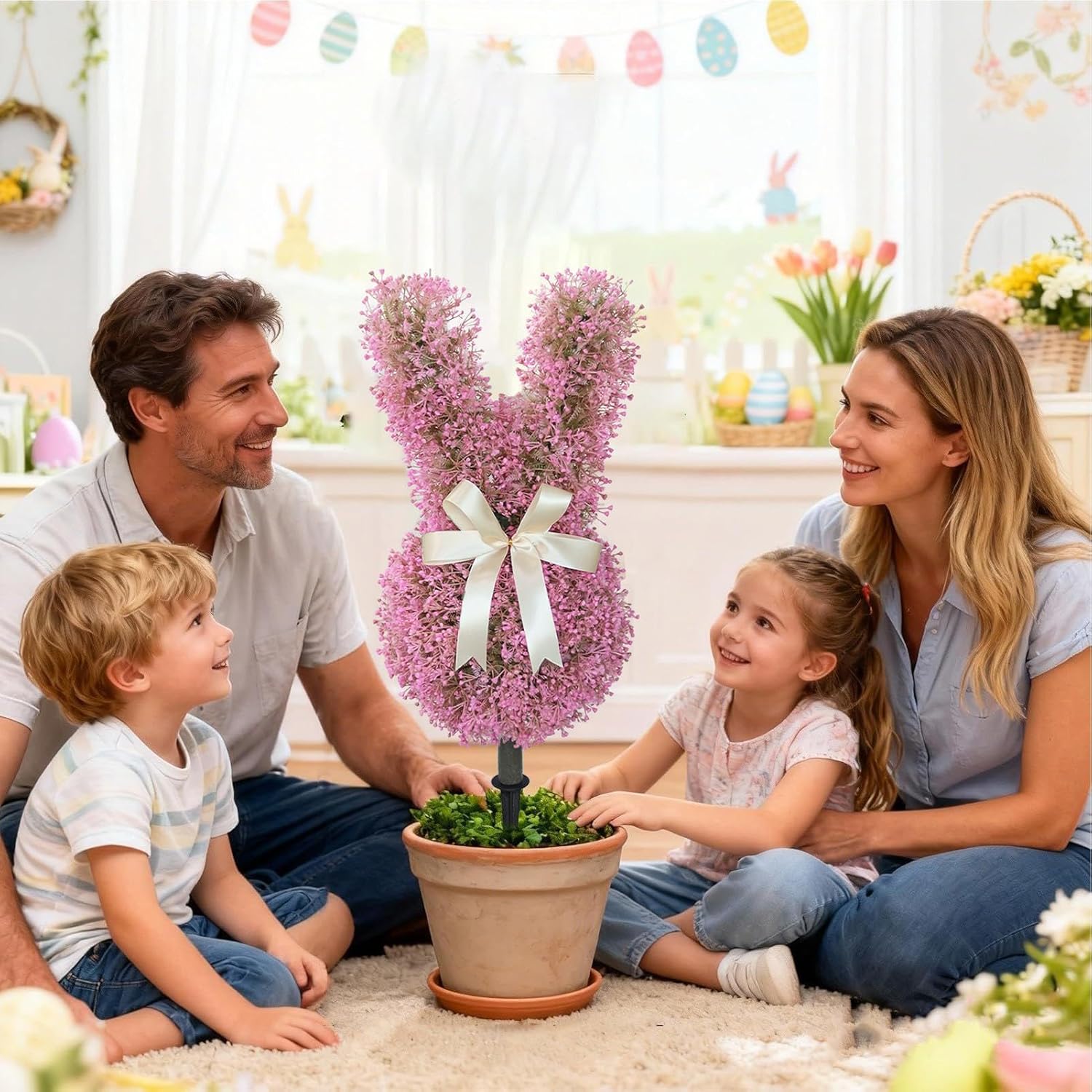 Garden Topiary, Faux Valentine Bush Statue, Decorative with Ground Stake Base, Artificial Greenery Yard Ornament Display, Cute Bunny Decor with Charming Design, Entryway Accent for Home