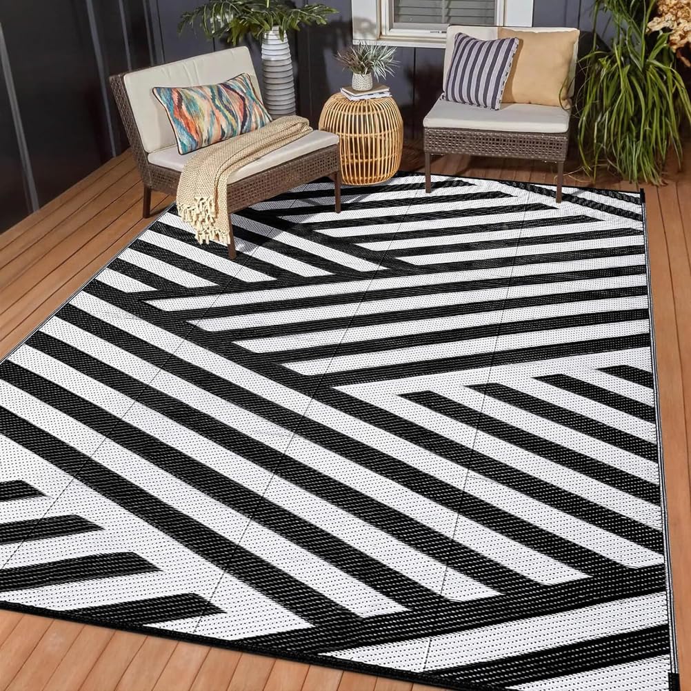 Tapis de Jardin Rayés Noir et Blanc 150x240cm Tapis Exterieur Terrasse Pliable,Tapis Tressé en Paille en Plastique Recyclé,Tapis Extérieur Réversible pour Balcon,Camping,Patio,Plage,Pique-Nique