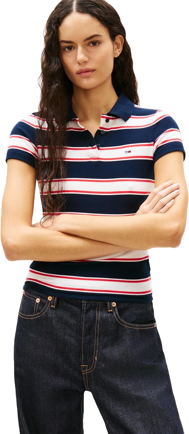 Tommy Jeans Women's Lightweight Cotton Short Sleeve Ribbed Polo in Slim Fit