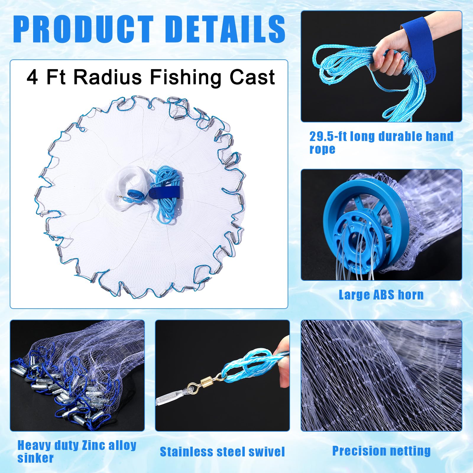 Windyun Red de pesca de 4 pies con plomada resistente, portátil, plegada, langosta, cangrejo, red de pesca con mango telescópico largo y robusto, accesorios de pesca de agua dulce y salada