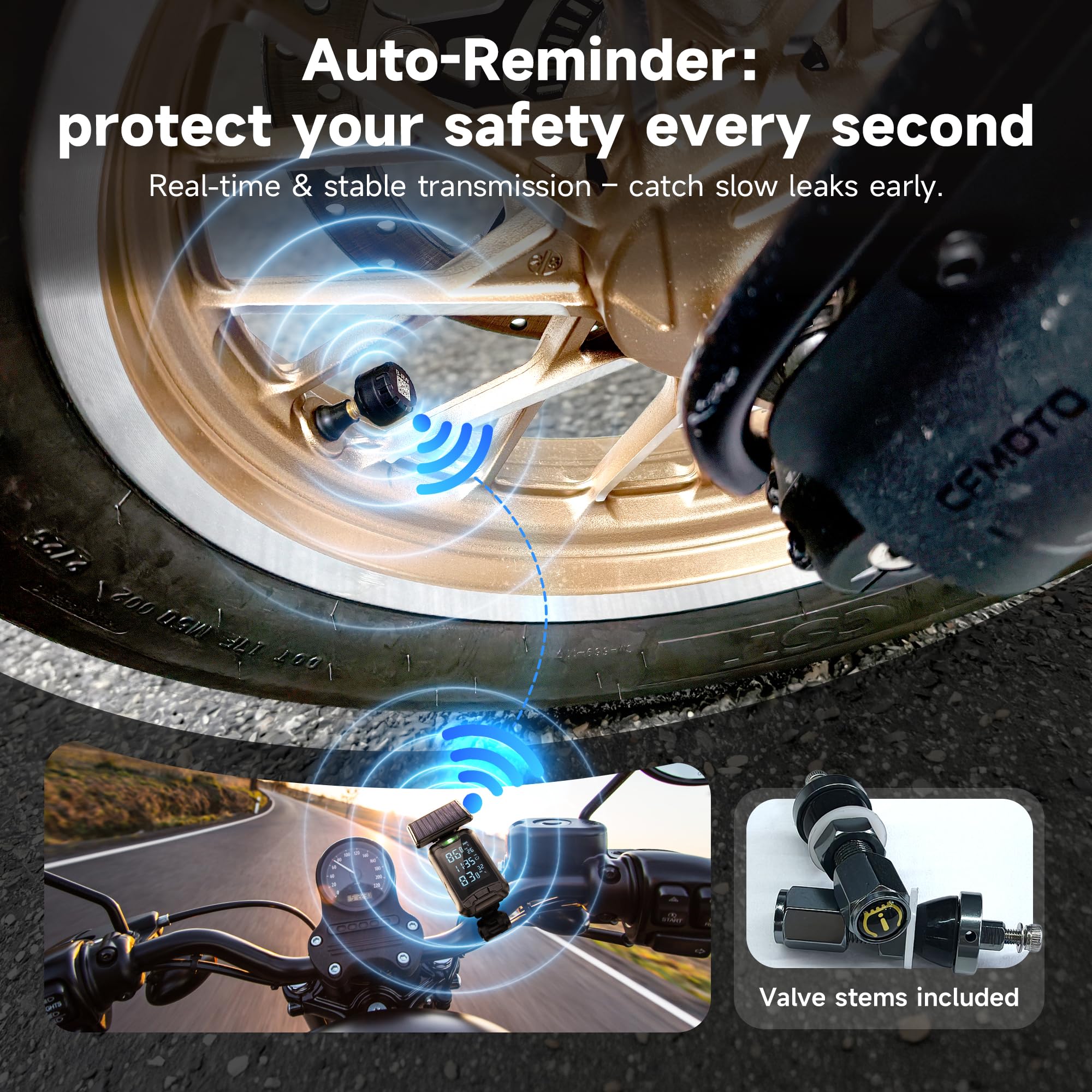 MOMAN Solar TPMS Motorrad Reifendruckkontrollsystem 2 Sensoren Bildschirm | IP67 wasserdicht & staubdicht, LCD-Display, kabellose Sensoren, Druck & Temperaturalarm, kompatibel mit iOS/Android