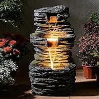Pivotify 28.8" 3-Tier Rock Waterfall Fountain with LED Lights - Outdoor Garden Patio Resin Feature