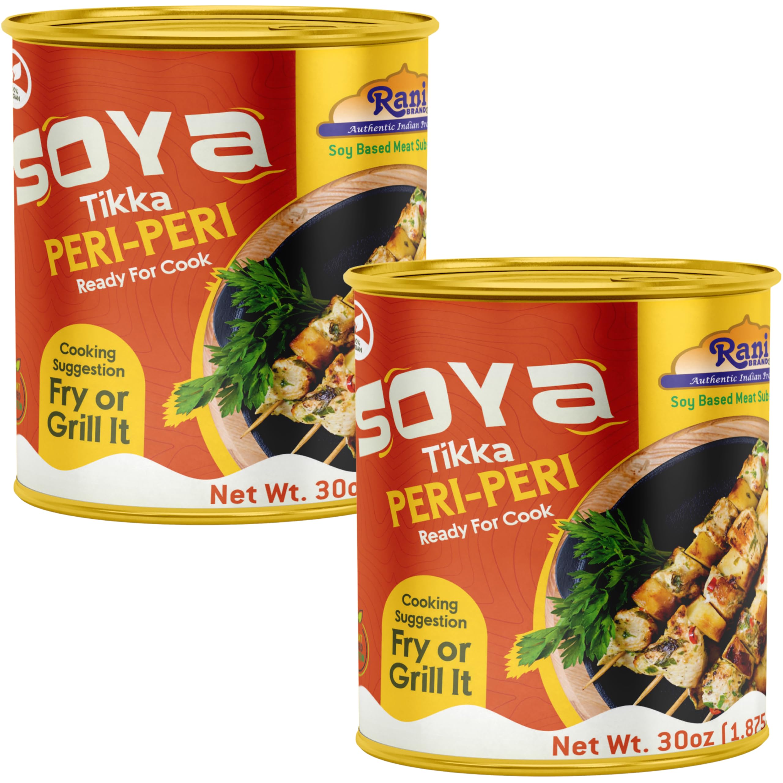 Rani Soya Tikka Peri-Peri 30oz (1.875lbs) 850g, Pack of 2, Ready for Cook ~ Easy Open Lid | All Natural | Vegan | No Colors | NON-GMO | Kosher | Indian Origin | Soy Based Meat Substitute