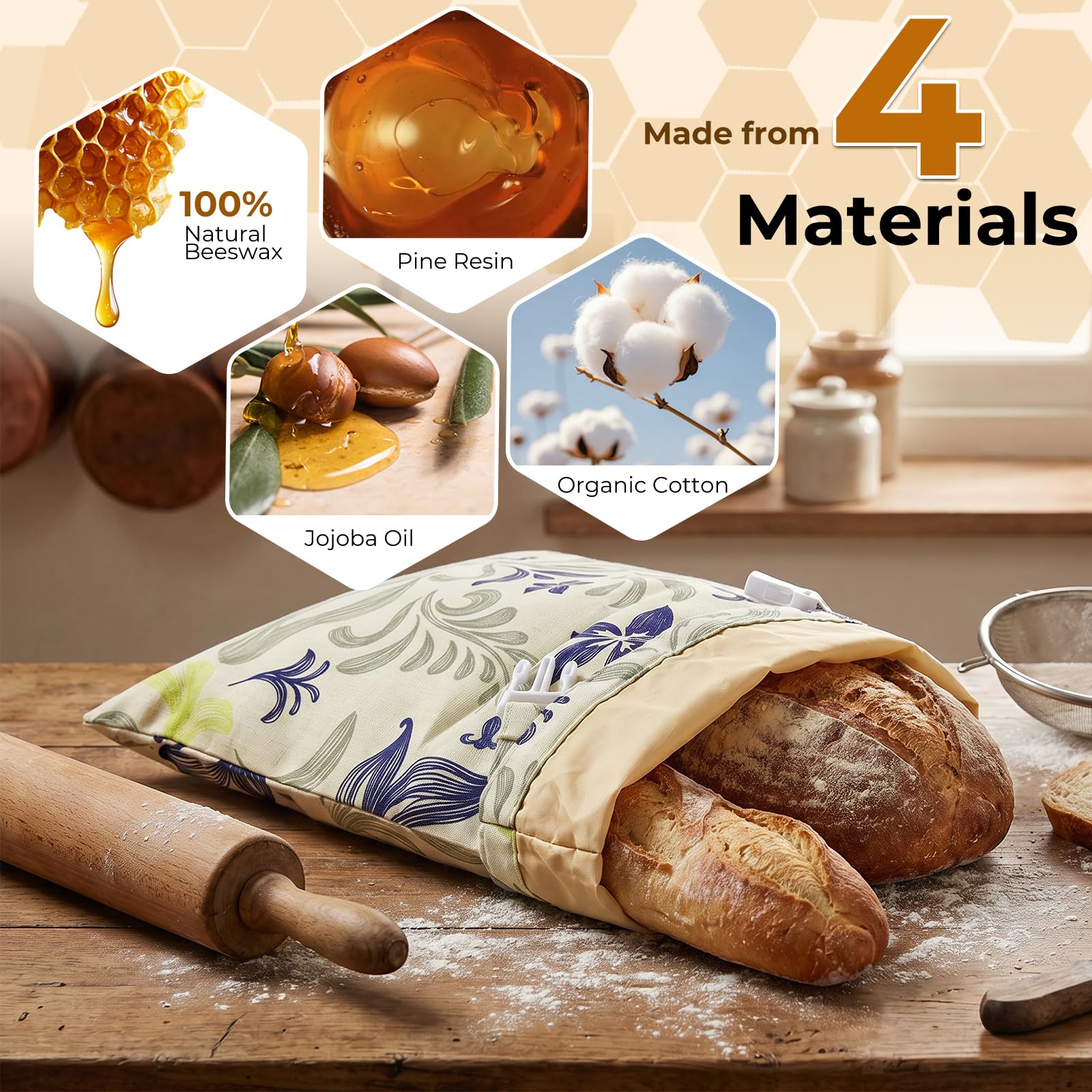 Sacchetti per il pane di cera d'api, 43×33 cm sacchetti di cotone rivestiti in cera d'api naturale, Borsa in cotone per conservare pane fatto in casa e prodotti da forno (confezione da 2) (Stile 4)