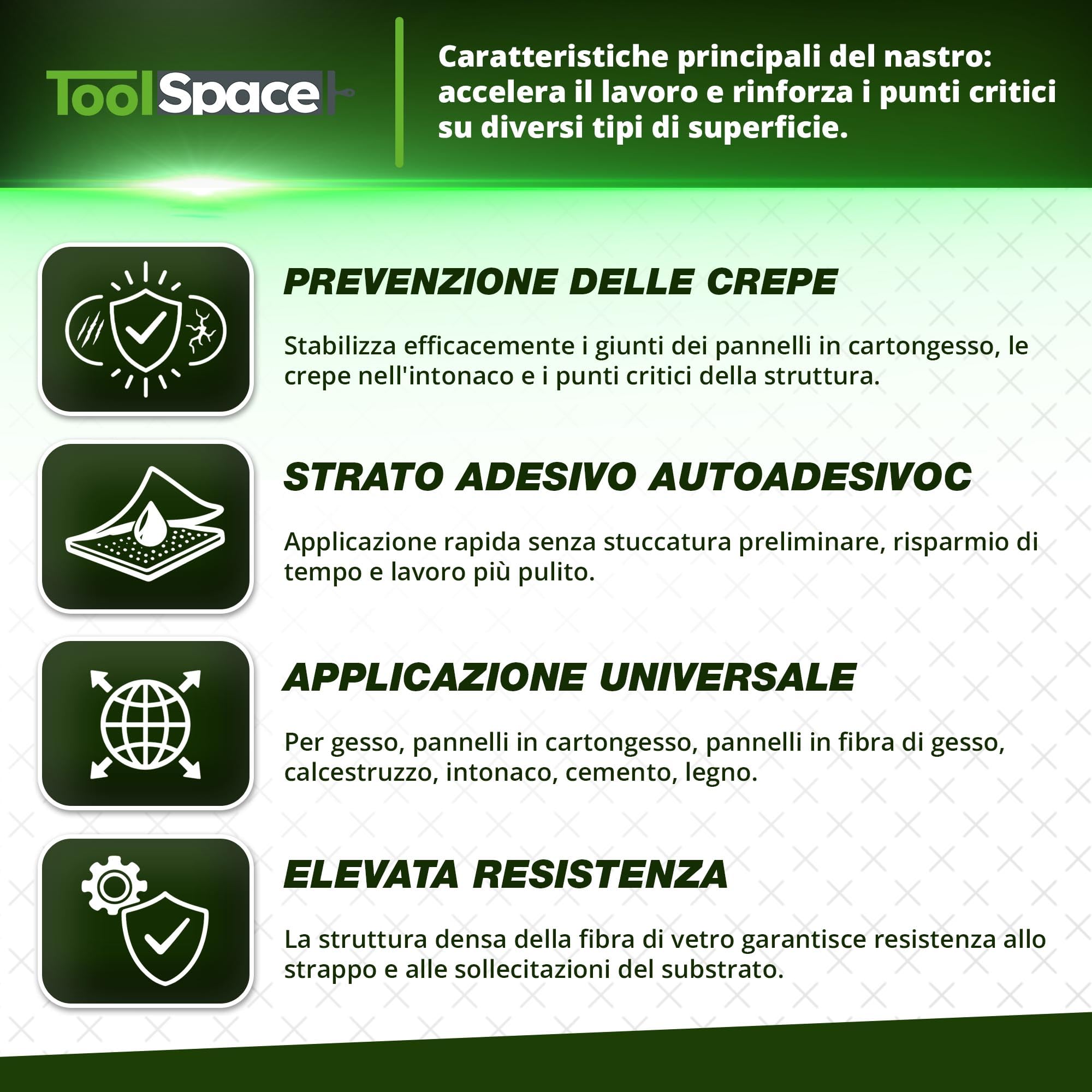 ToolSpace Nastro Fibra Vetro Cartongesso Autoadesivo 10 cm x 20 m Riparazione Crepe Muro Giunti Stuccatura Interni Rete Rinforzata Rasatura Intonaco Rinforzo Impermeabile Gesso Rasante Fessure Buchi