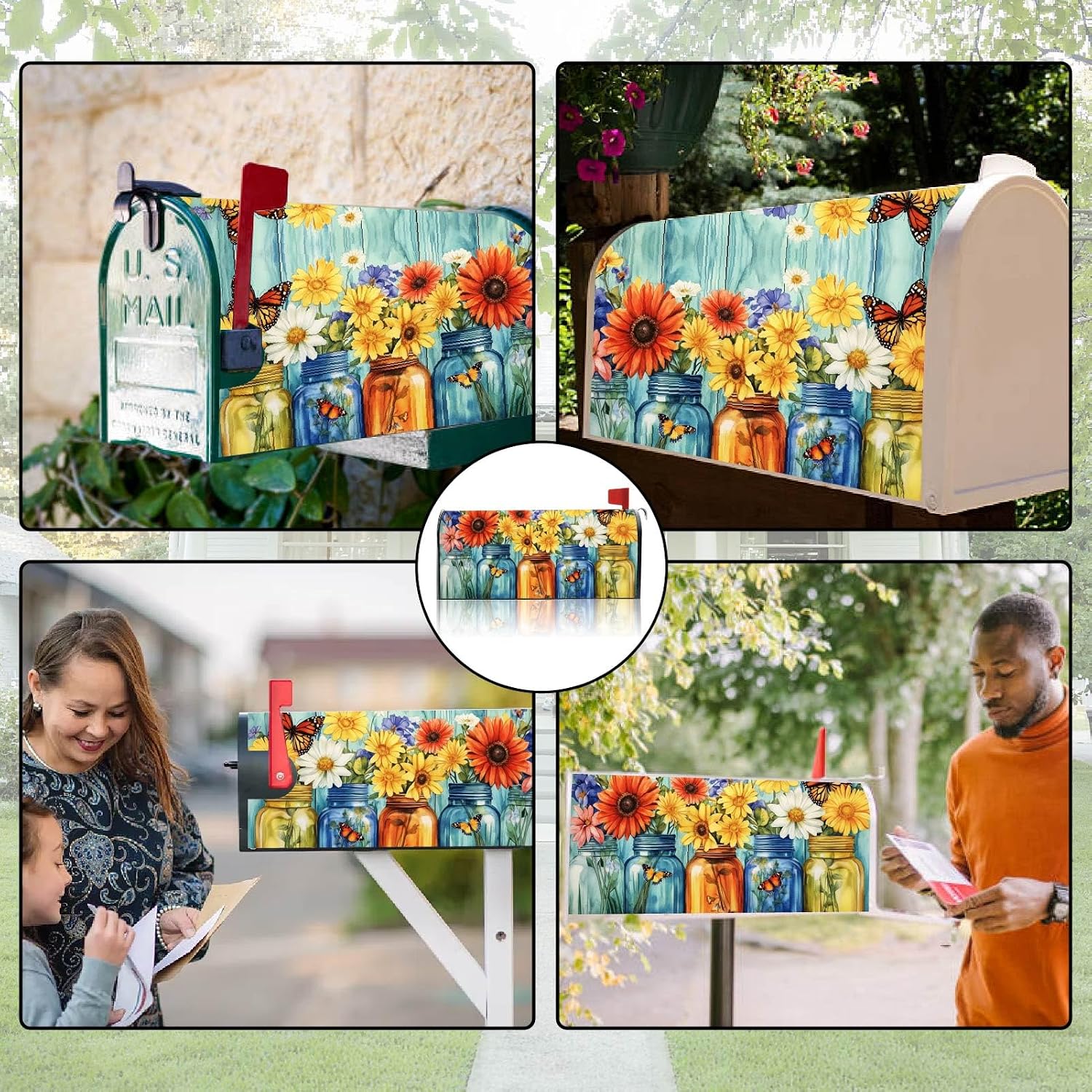 Yellow Butterfly Mailbox Cover Waterproof Mailbox Covers Sunflower Daisy Pattern Standard Size 21 x 18 Inch Polyester Post Letter Box Decoration for Garden Home Buckle Design Non Magnetic