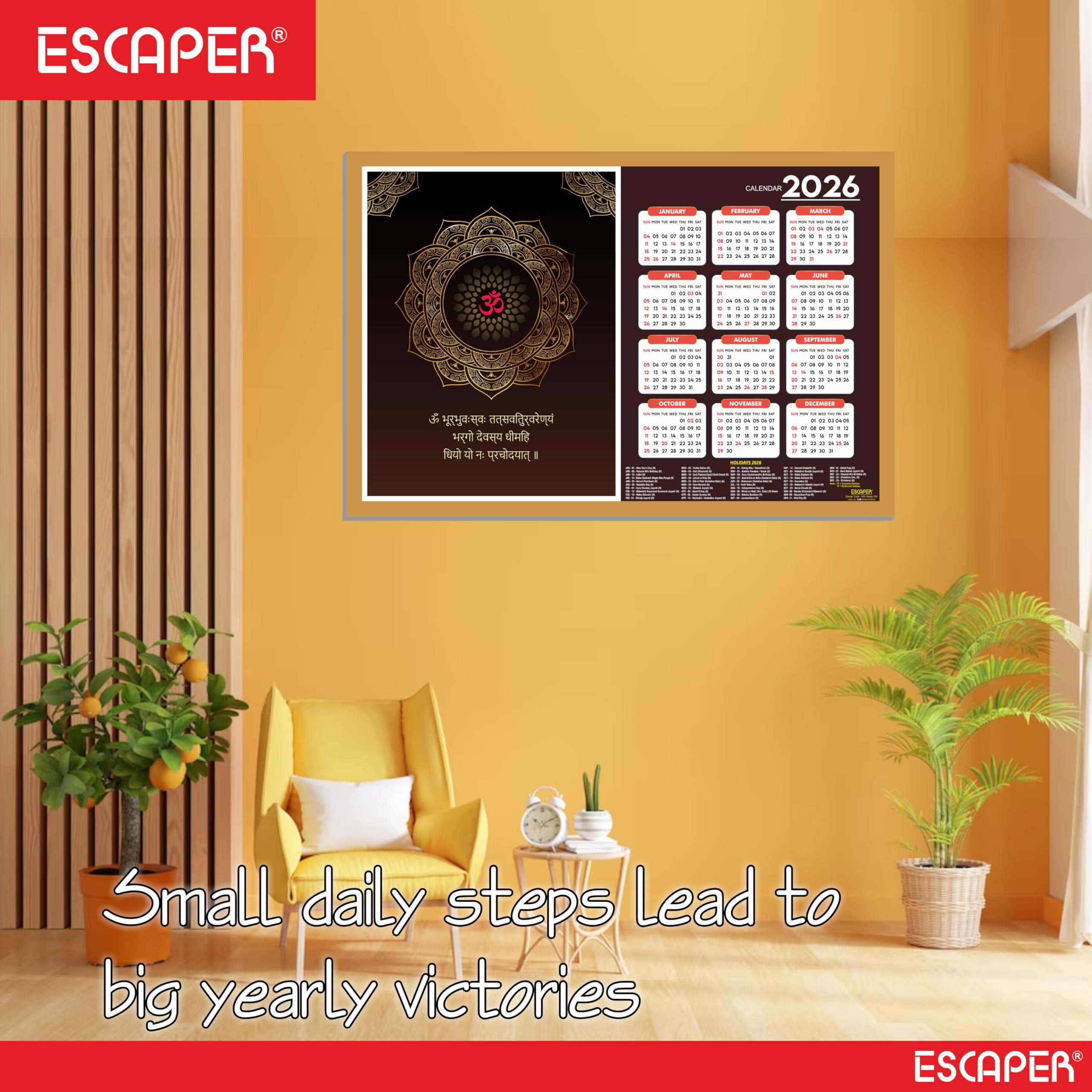 ESCAPER Gayatri Mantra Wandkalender 2026 - 30,5 x 45,7 cm, Meditations- & Yoga-Wandkalender, Yogasana- & Asana-Diagramme, Chakra-Posen, ideal für Yoga-Kurse & Fitnesscenter