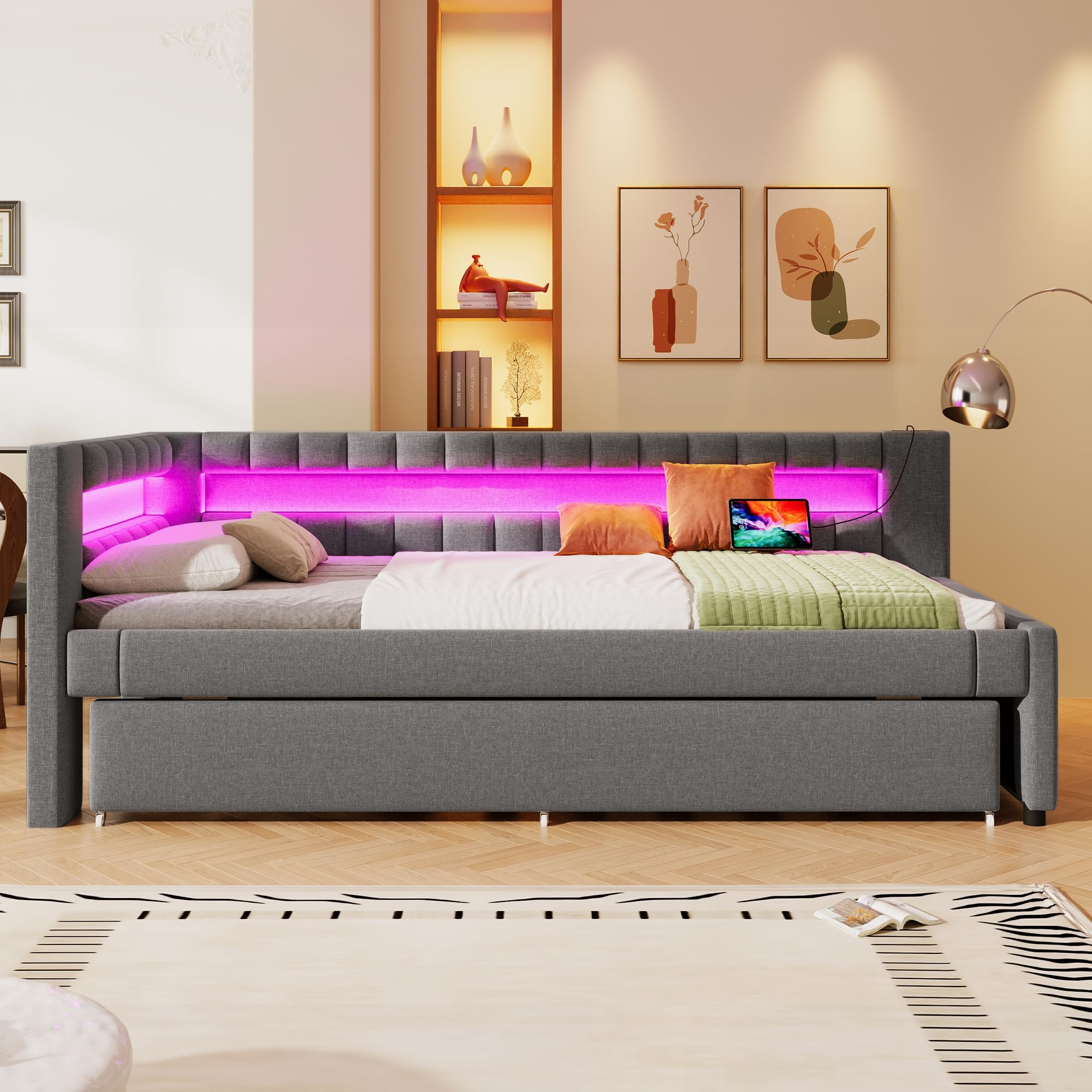 Soweiz Sofá cama, cama tapizada, cama con barra de luz LED con control remoto en el pie de la cama, cama con cama desplegable sin colchón, USB + Type-C, lino (Gris, 90x200cm)