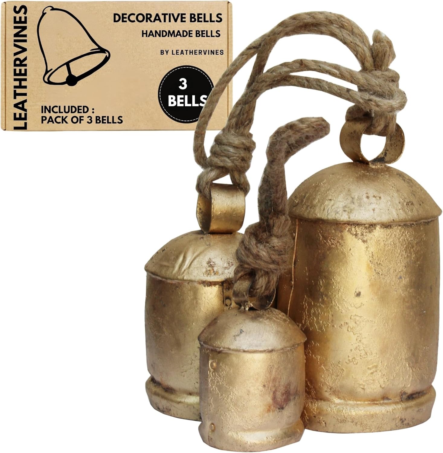 Rustic bells on rope charistmas large vintage ornaments