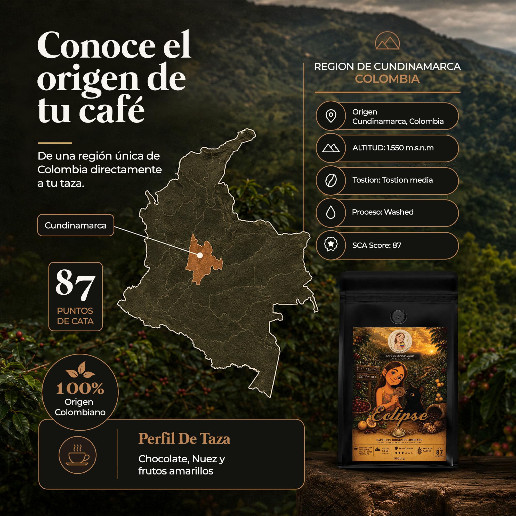 Valentina's Coffee | Eclipse | 1000 gr | En Grano | Sabor Chocolate. Nuez. Frutas amarillos | Intensidad Media | 100% Café Colombiano de Especialidad