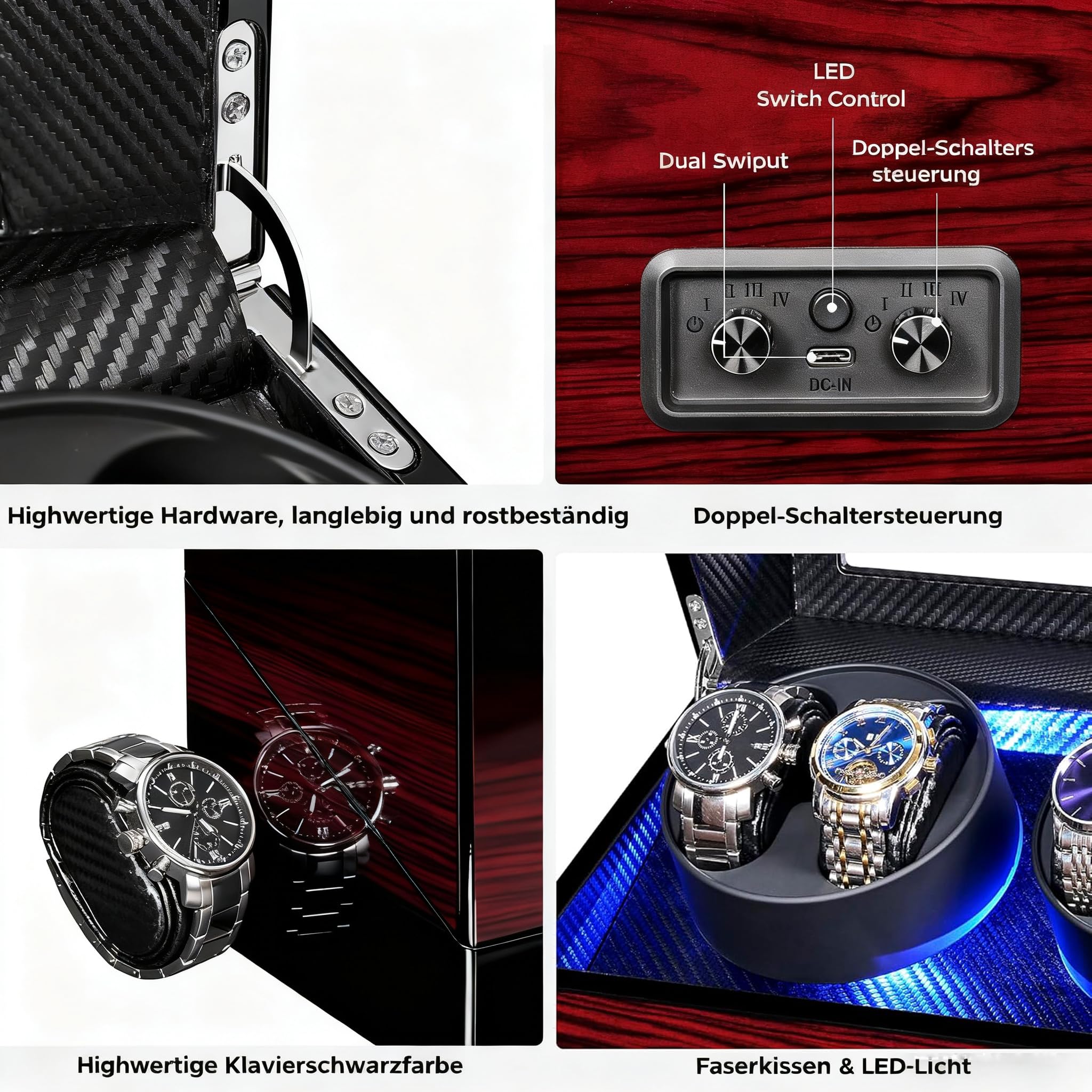 ANWBROAD Automatik Uhrenbeweger, Automatikuhren-Winderbox mit LED-Beleuchtung, Uhrendreher für Automatikuhren, 4-fach-Uhrenrotator mit superleisem Motor und 4 Rotationsmodi, JWW011Y