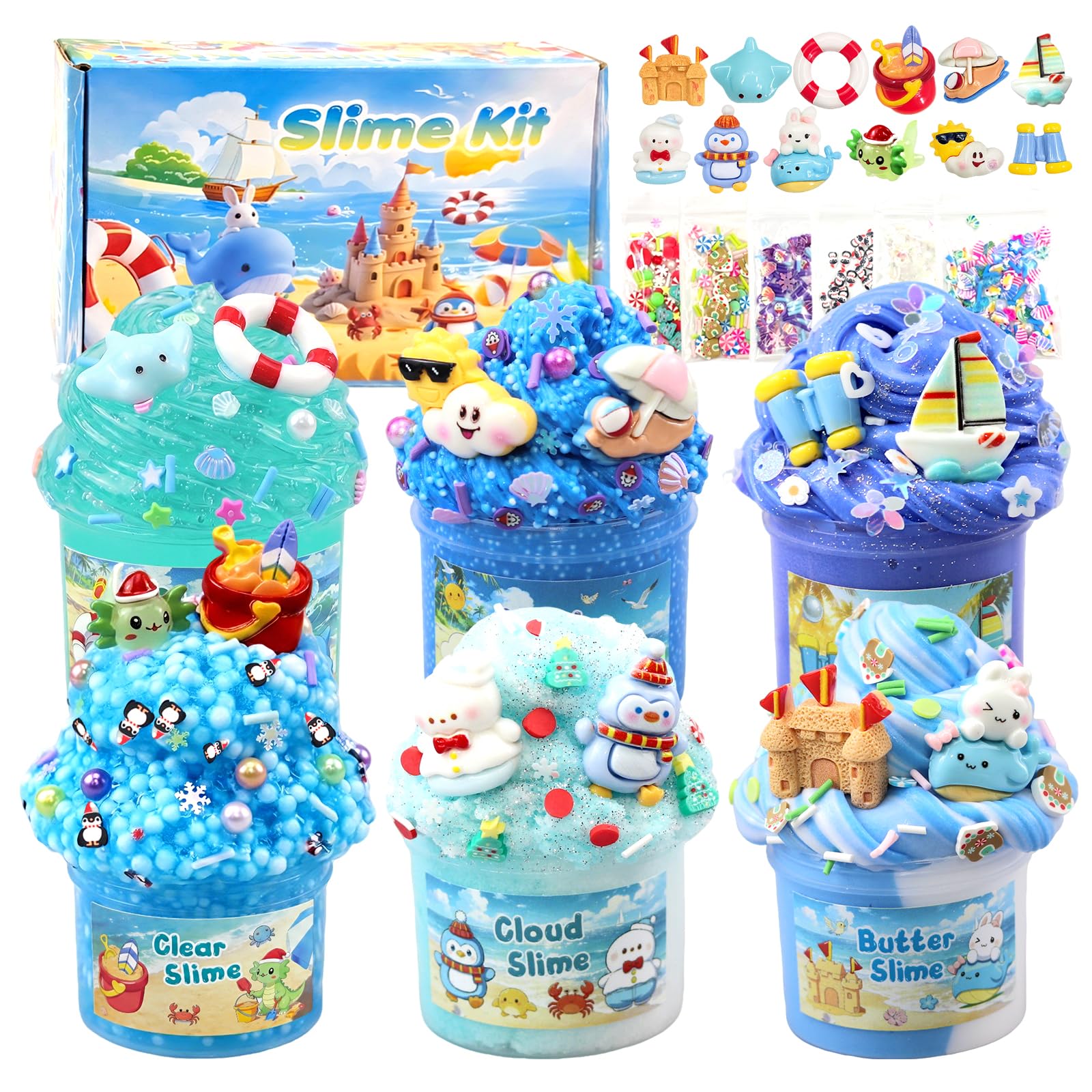 hirsrian 6 Pcs Ocean Slime Kit for Kids, Cloud Butter Clear Crystal Crunchy Slime with Sea Animal Charms, Soft Fluffy Sensory Toys, Party Favours Gifts for Girls Boys (Ocean Color) — image 1
