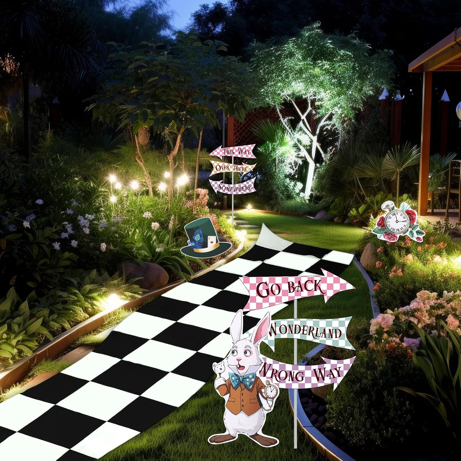 AceOrbit 12 Pcs Wonderland Party Decorations, 118" Black and White Checkered Runner Carpet, Trunk or Treat Wonderland Tea Party Decor Arrow Signs with Stakes for Afternoon Tea Birthday