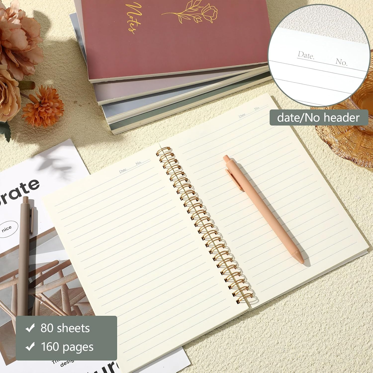 Gueevin 5 Pcs Spiral Notebook with 5 Pcs Ballpoint Pens A5 Cute College Ruled 160 Pages/ 80 Aesthetic Notebook for Work Students School Office Supplies(Morandi Color,Note) - Image 3