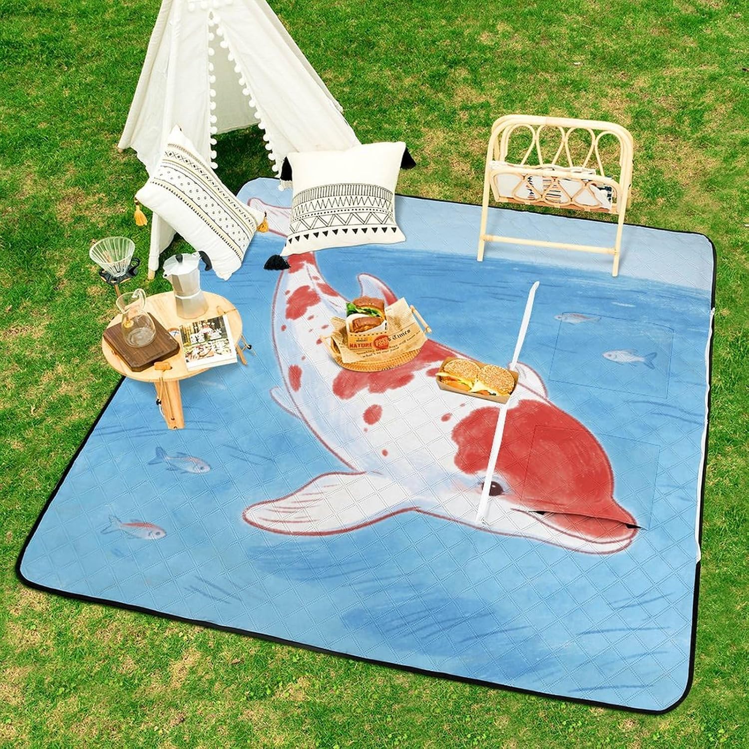 Red and White Dolphins Picnic Blanket with Zipper Water Resistant Sand Free Picnic Mat Washable Foldable Easy Carry Beach Blanket for Lawn Beach Hiking Camping