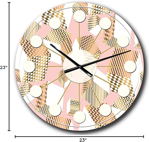 Miniatura 8 de DesignQ Reloj de pared moderno de mediados de siglo con diseño de cubos dorados y rosas I, reloj de pared redondo rosa para decoración de sala de