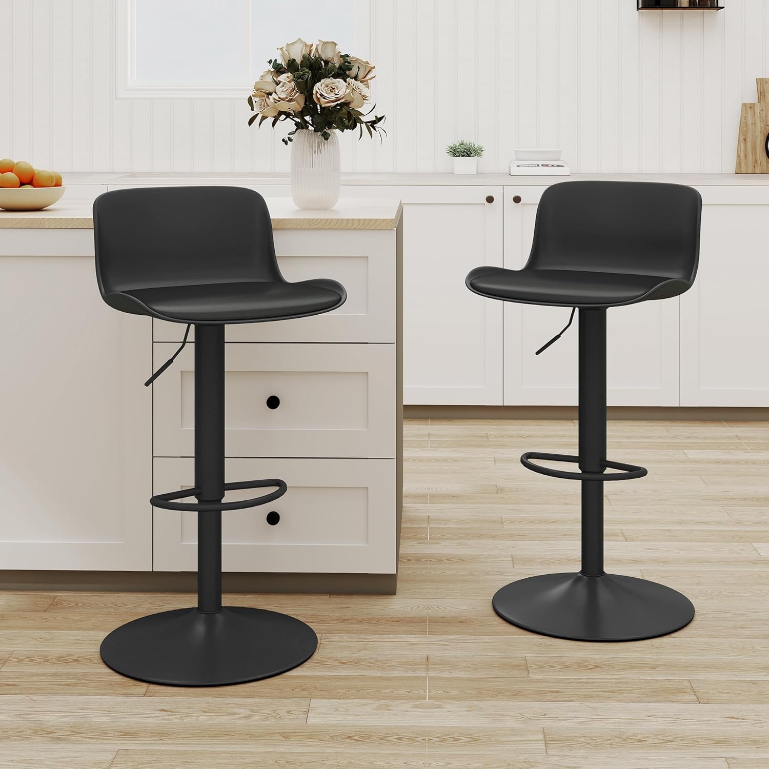 NOBPEINT Bar Stools Set of 2, Contemporary Air Lift Adjustable Swivel Barstools with Upholstered PU Leather (Black)