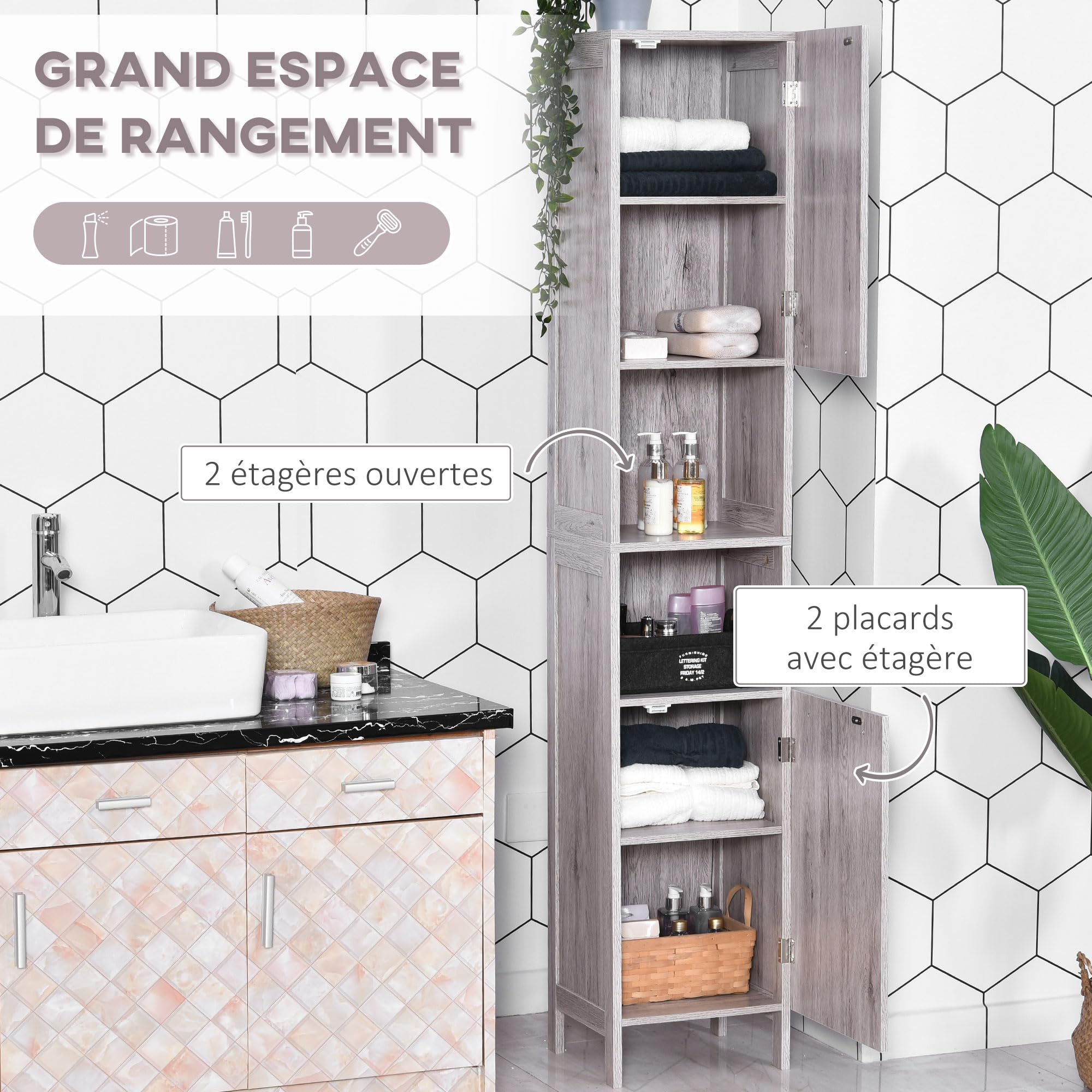 HOMCOM Meuble Colonne Rangement Salle de Bain dim. 30L x 32l x 172H cm Gris