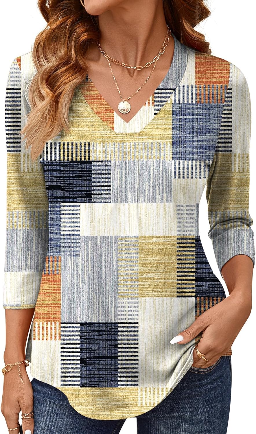 AKEWEI 3/4 Length Sleeve Womens Tops V Neck T Shirts Dressy Casual Pleated Spring Fashion 2026 Work Blouses - Image 2