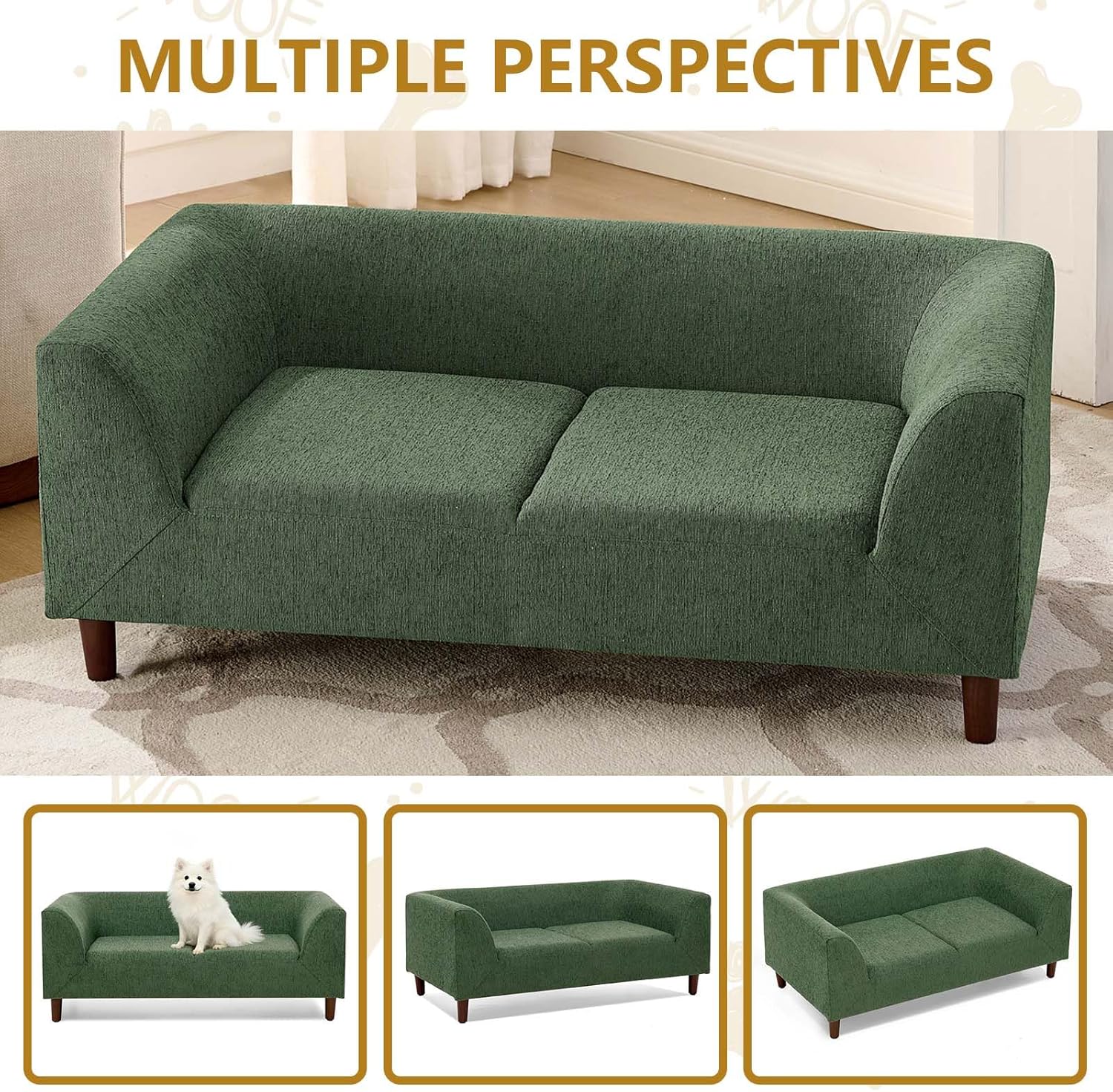 Dog Sofa Bed with Wooden Legs,Pet Couch with Backrest and Armrests,Modern Comfort Elevated Dog Bed Frame for Small & Medium Dogs (Olive Green)