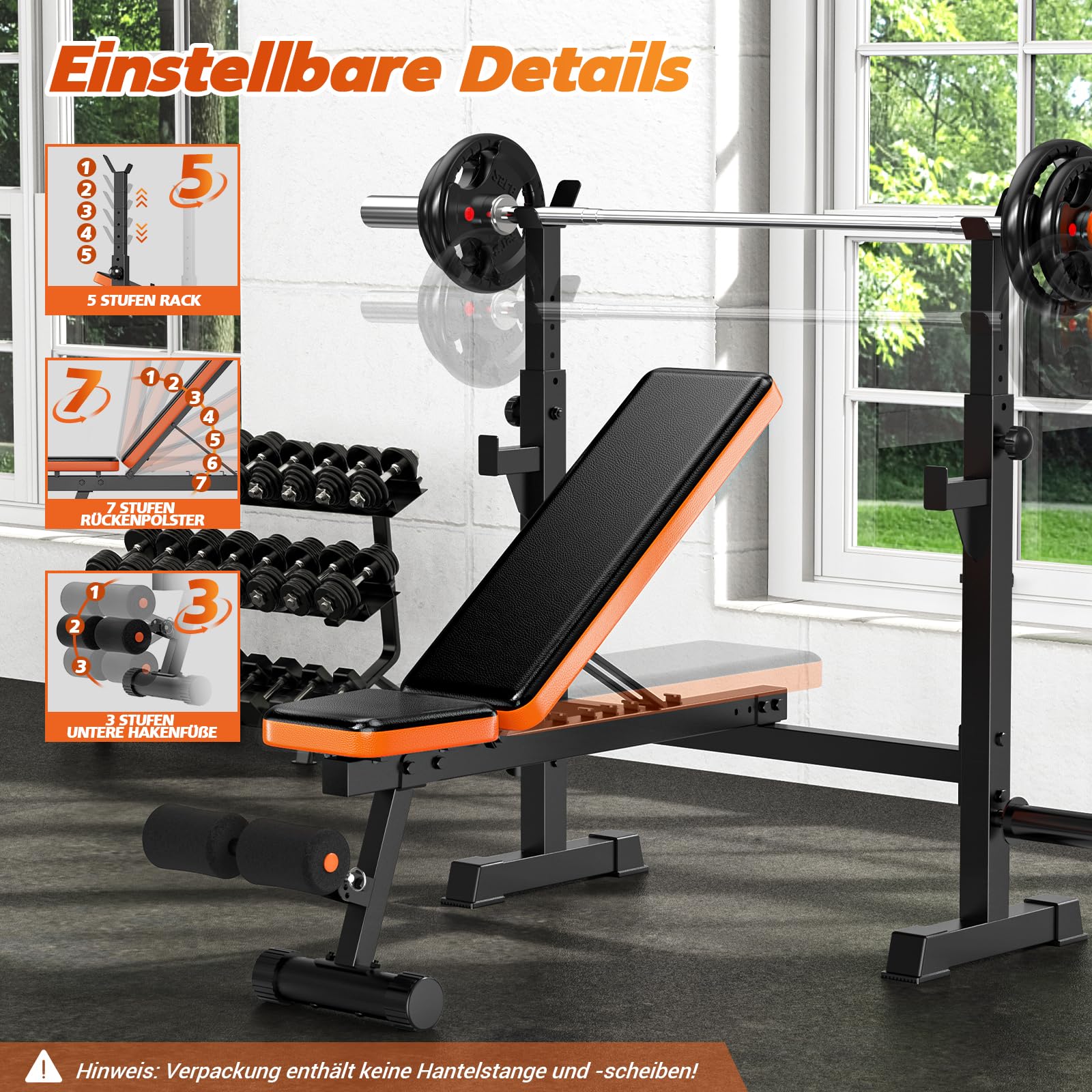 XDDIAS Multifunktion Trainingsbank mit Langhantelablage, Verstellbare Hantelbank für Home Gym, 7-Fach Rückenlehne Fitnessbank für Bankdrücken & Krafttraining, bis 350 kg