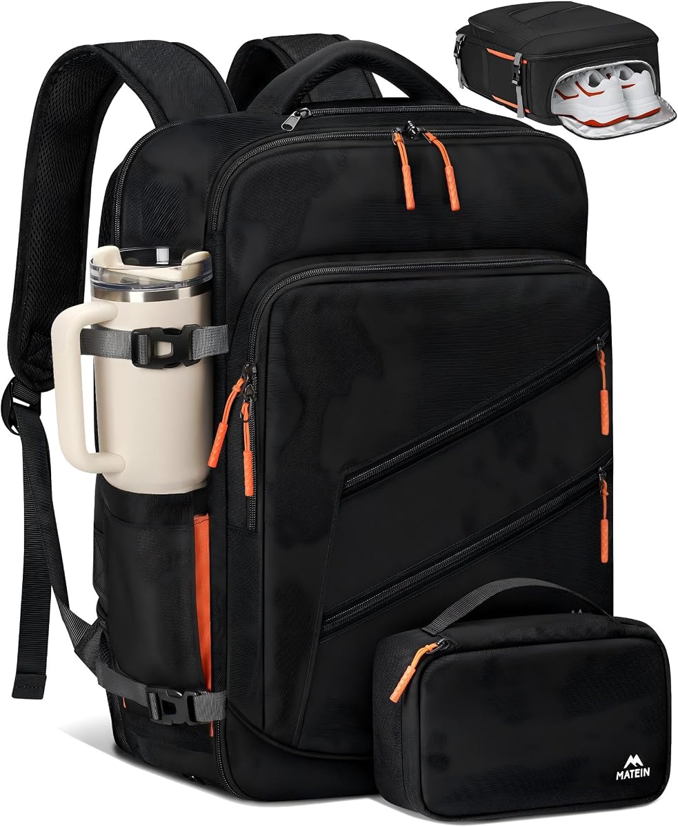MATEIN Mochila Carryon para Avión, Mochila de Viaje con Compartimento para Zapatos | 40 L, aprobado por aerolíneas, estuche para dispositivos electrónicos, gran capacidad, resistente al agua, apto para computadora portátil de 17 pulgadas, bolsillo húmedo, esencial para el vuelo, negro