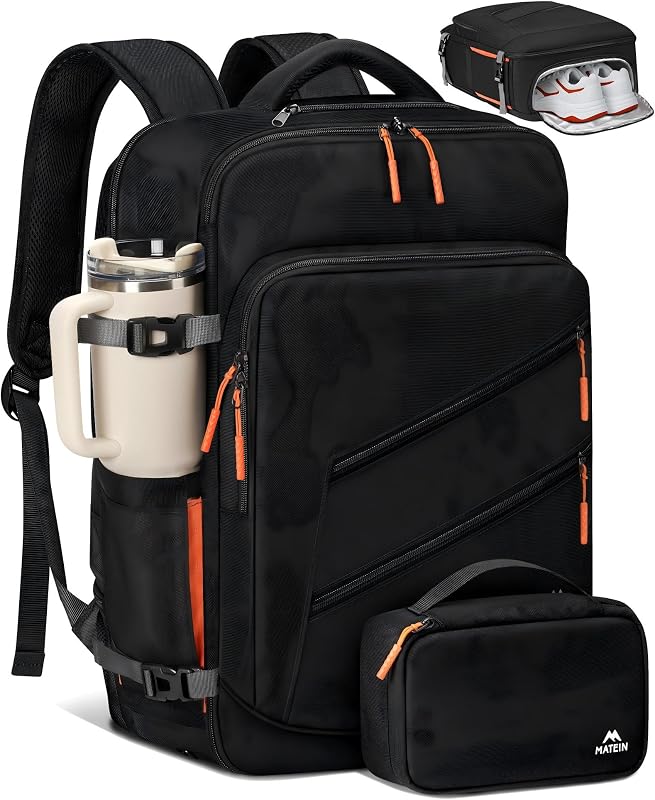 MATEIN Mochila Carryon para Avión, Mochila de Viaje con Compartimento para Zapatos | 40 L, aprobado por aerolíneas, estuche para dispositivos electrónicos, gran capacidad, resistente al agua, apto para computadora portátil de 17 pulgadas, bolsillo húmedo, esencial para el vuelo, negro