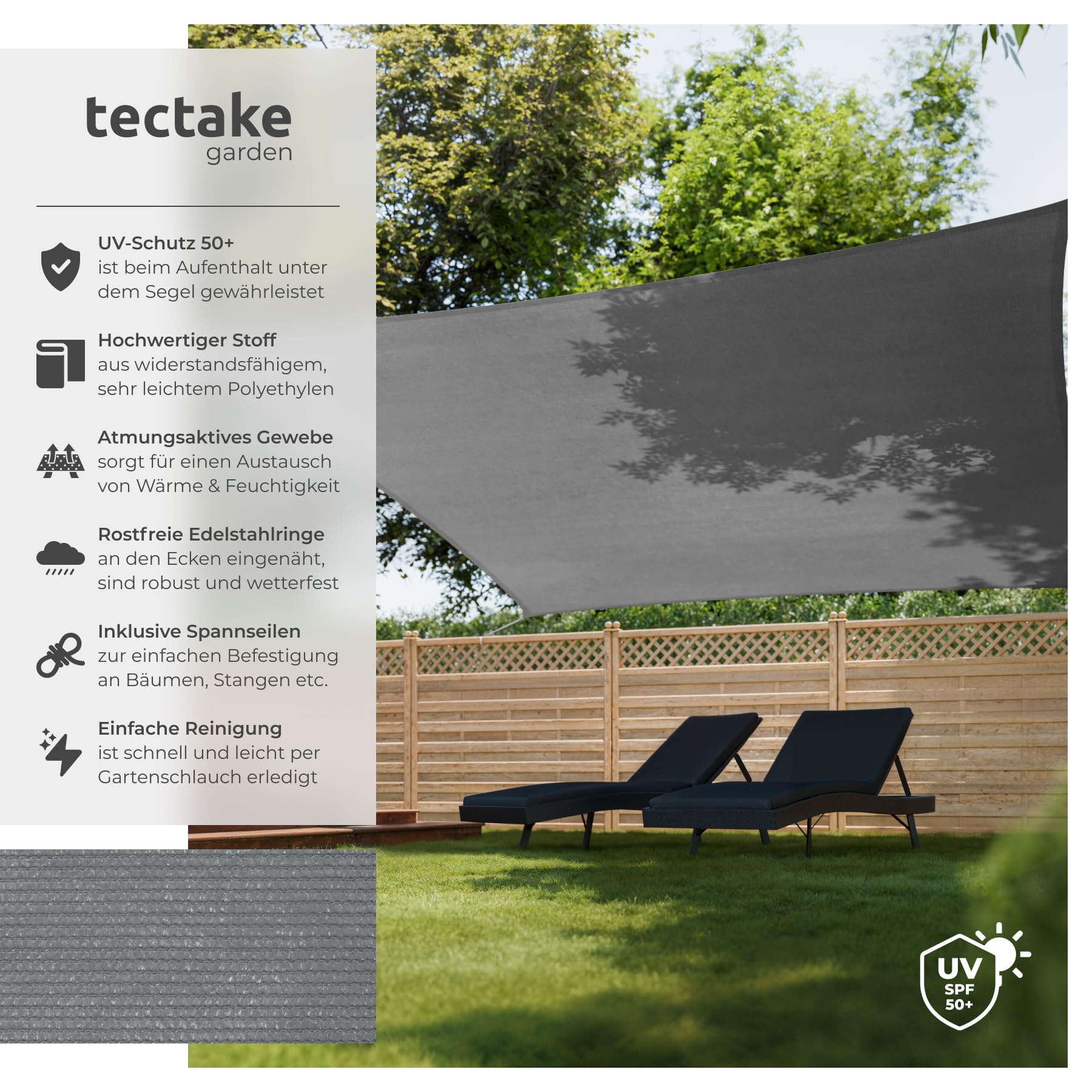 tectake® Sonnensegel mit UV Schutz, Sonnenschutz und Sichtschutz Balkon, Sichtschutz Garten, für Pergola, Windschutz Terrasse, mit Ösen und Spannseile - quadratisch grau - 5,4 x 5,4 m
