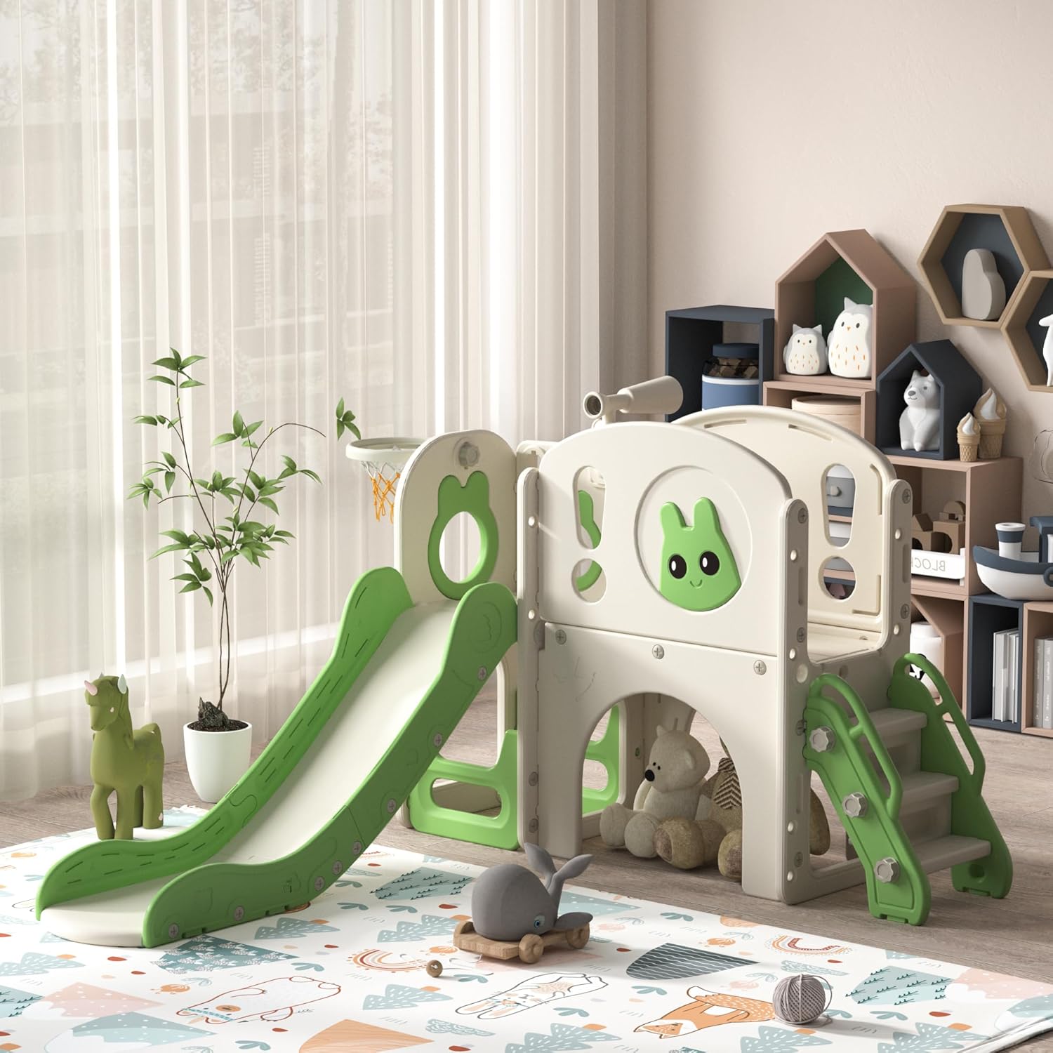 NYEEKOY 8-in-1 Toddler Slide and Climber Playset, Kids Slide Playground with Stairs, Tunnel, Telescope, Storage, Basketball Hoop and Ball, Indoor Outdoor, 1-3 Years Old, Green