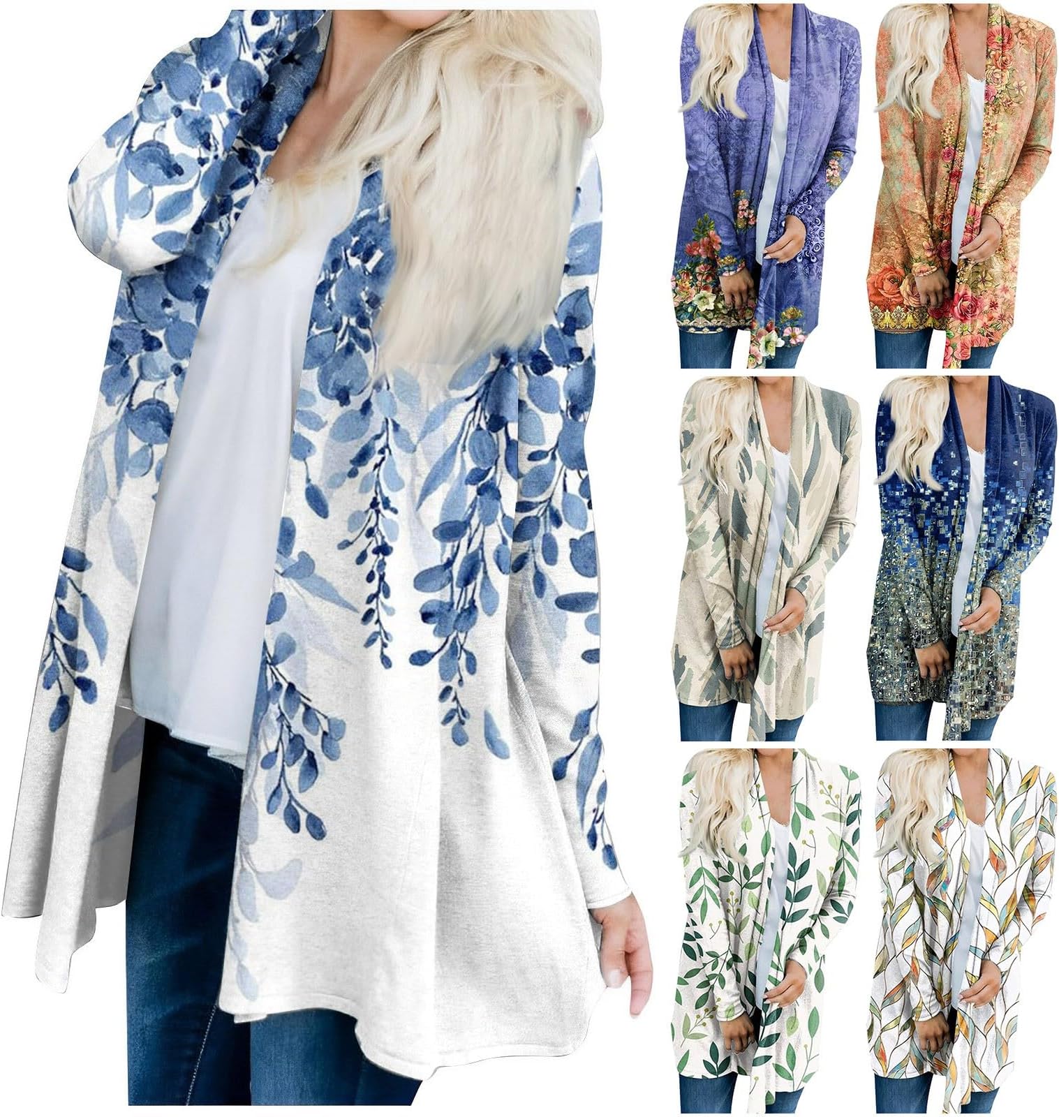 Women's Print Long Sleeve Front Cardigan Printed Top Lightweight Jacket KXC6CBXZ2847