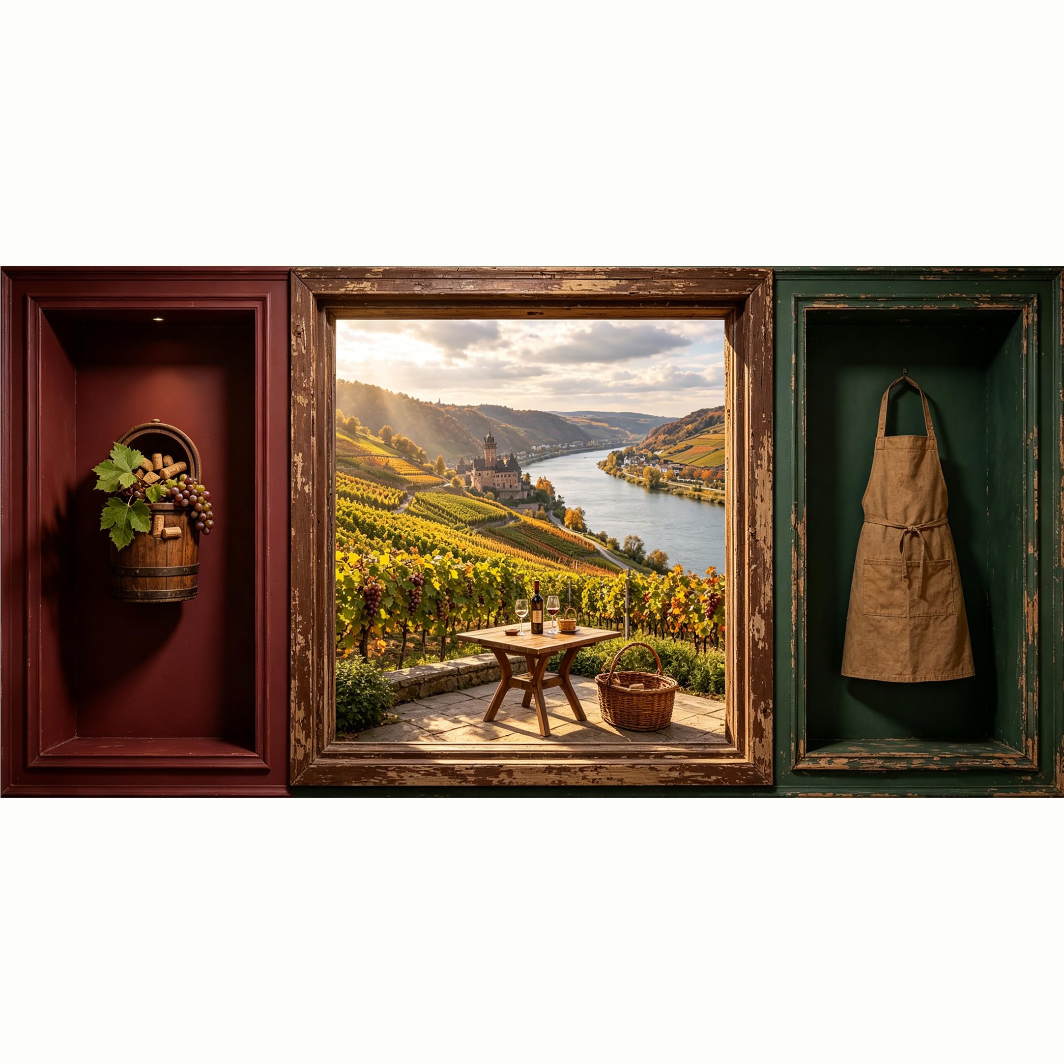 QZLITHOTIC 50x100cm 3D Framed Wall Art， Vineyard River Castle Landscape Scenic Self‑Adhesive Mural， Water‑Activated Peel & Stick Fabric Decor Wall Decal for Bedroom Living Room