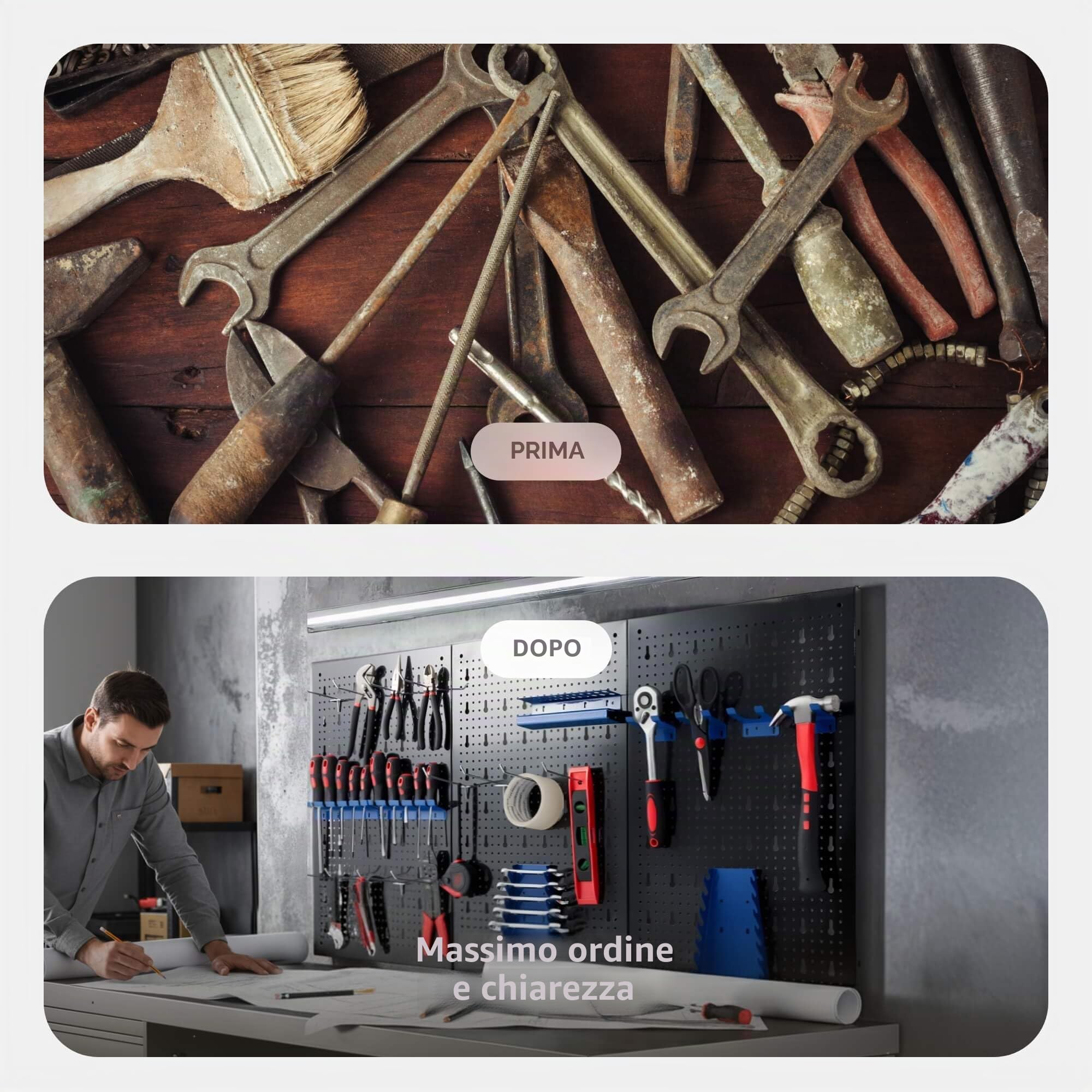 Arebos Parete degli attrezzi, 3 pezzi, parete forata per officina, set di ganci e supporti da 17 pezzi, 117,6 x 59,5 x 2 cm, parete forata per utensili in metallo per installazione con materiale di
