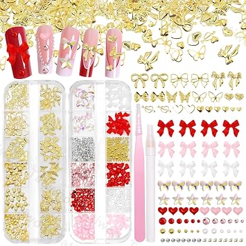 Red Pink Bows Heart Nail Charms, Bows Heart Nails Art Charms, Gold Rivet Studs Valentine Red Pink Gems Rhinestones for Manicure DIY Crafts