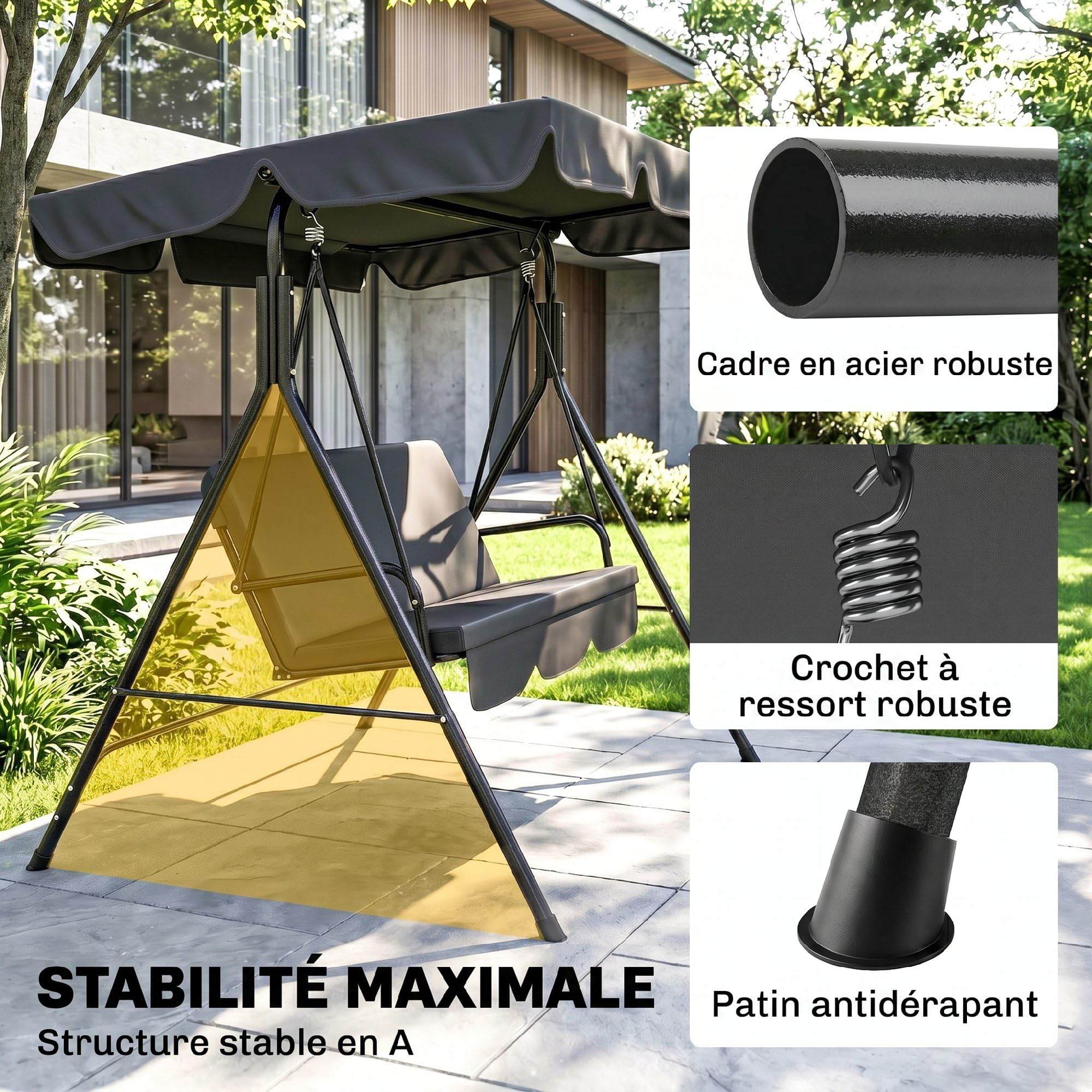Outsunny Balancelle de Jardin 3 Places Toit Inclinaison réglable Acier Noir