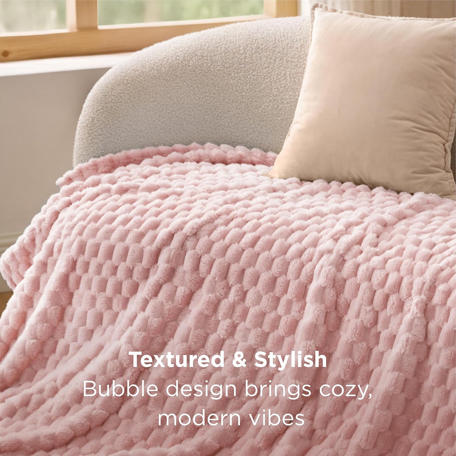 Bedsure Twin Blanket for Bed - 350GSM Fluffy Plush Bubble Blanket for College Dorm for Home Room Decor, GentleSoft Cute Fleece Soft Cozy Gifts for Women Girls, Pink, 60x80 Inches