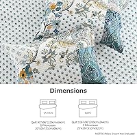 Vista 6 de DURLENGEN - Juego de edredón de algodón 100% patchwork beige y azul, reversible bohemio con patrón de hojas y flores en blanco, juegos de cubrecama